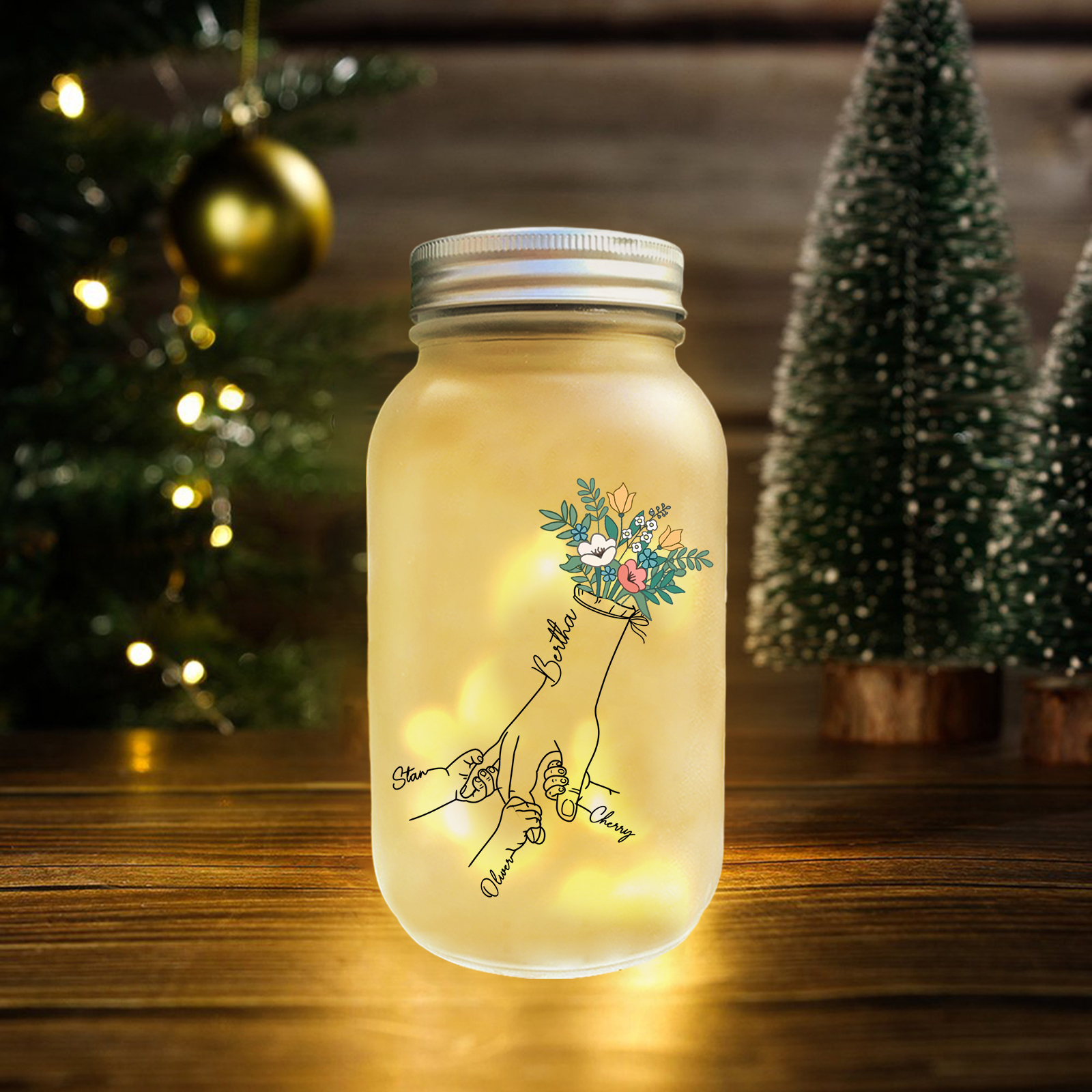 Personalized Holding Hand Flower Mason Jar Custom 2-7 Names Family Gift Solar Light Bottle for Christmas
