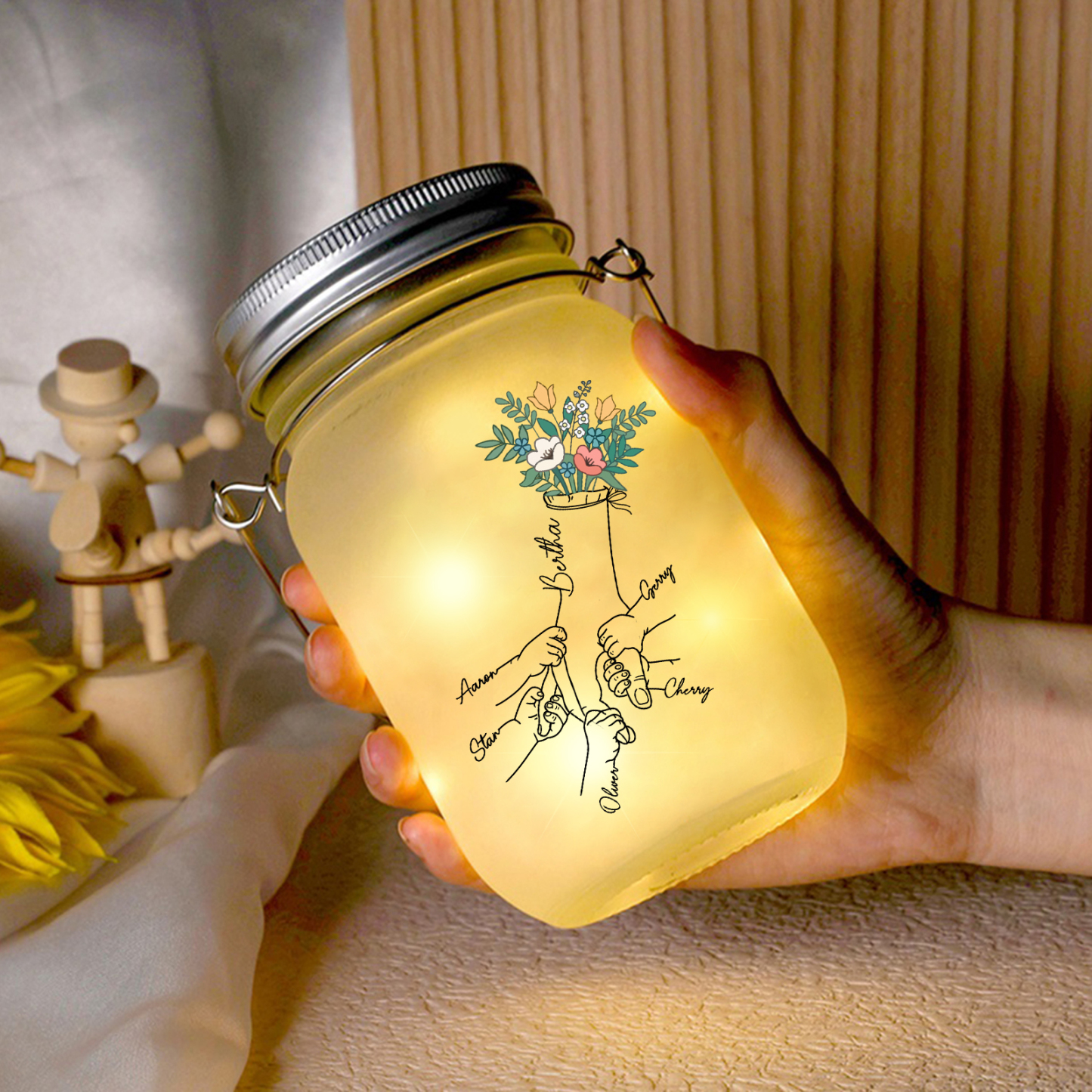 Personalized Holding Hand Flower Mason Jar Custom 2-7 Names Family Gift Solar Light Bottle for Christmas