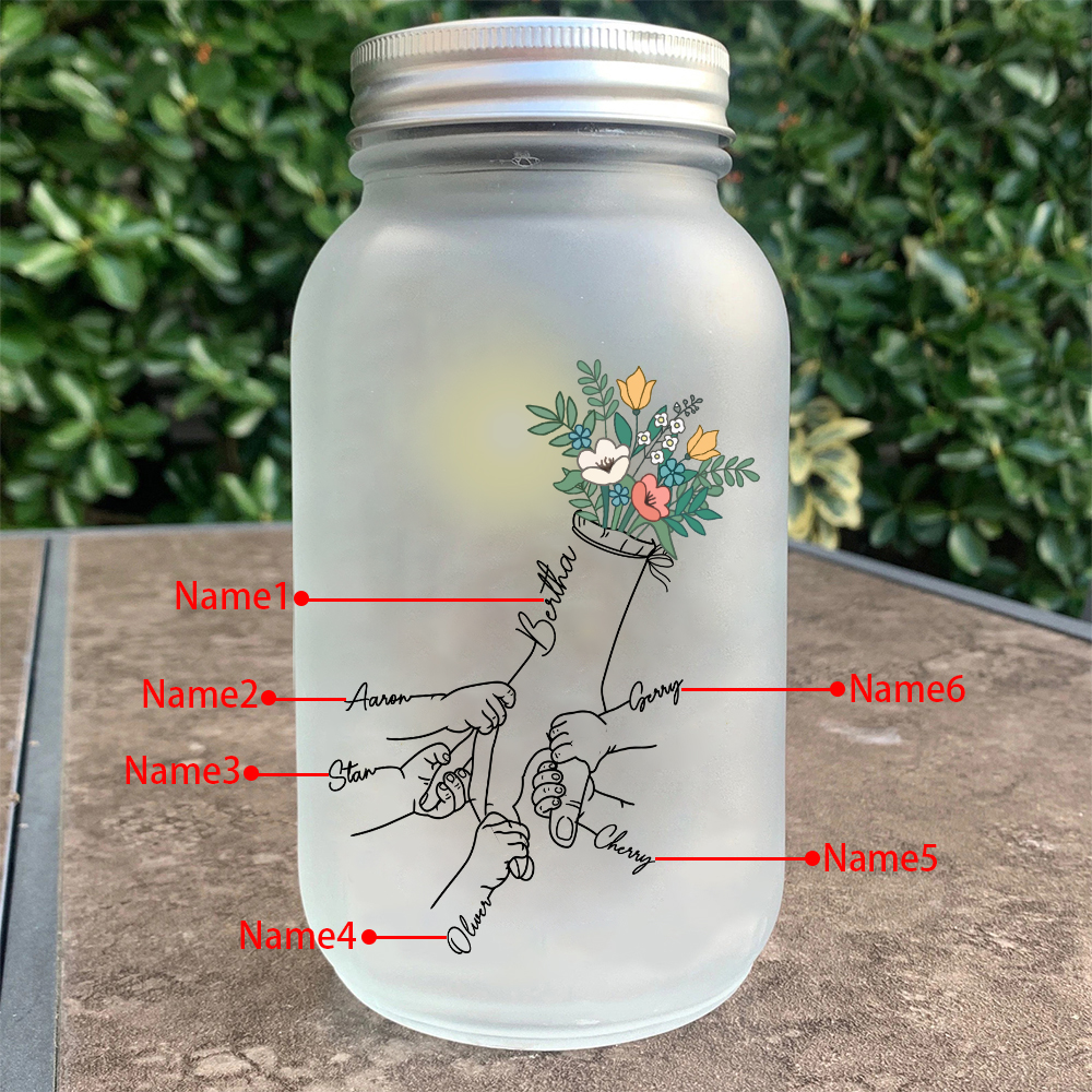 Personalized Holding Hand Flower Mason Jar Custom 2-7 Names Family Gift Solar Light Bottle for Christmas