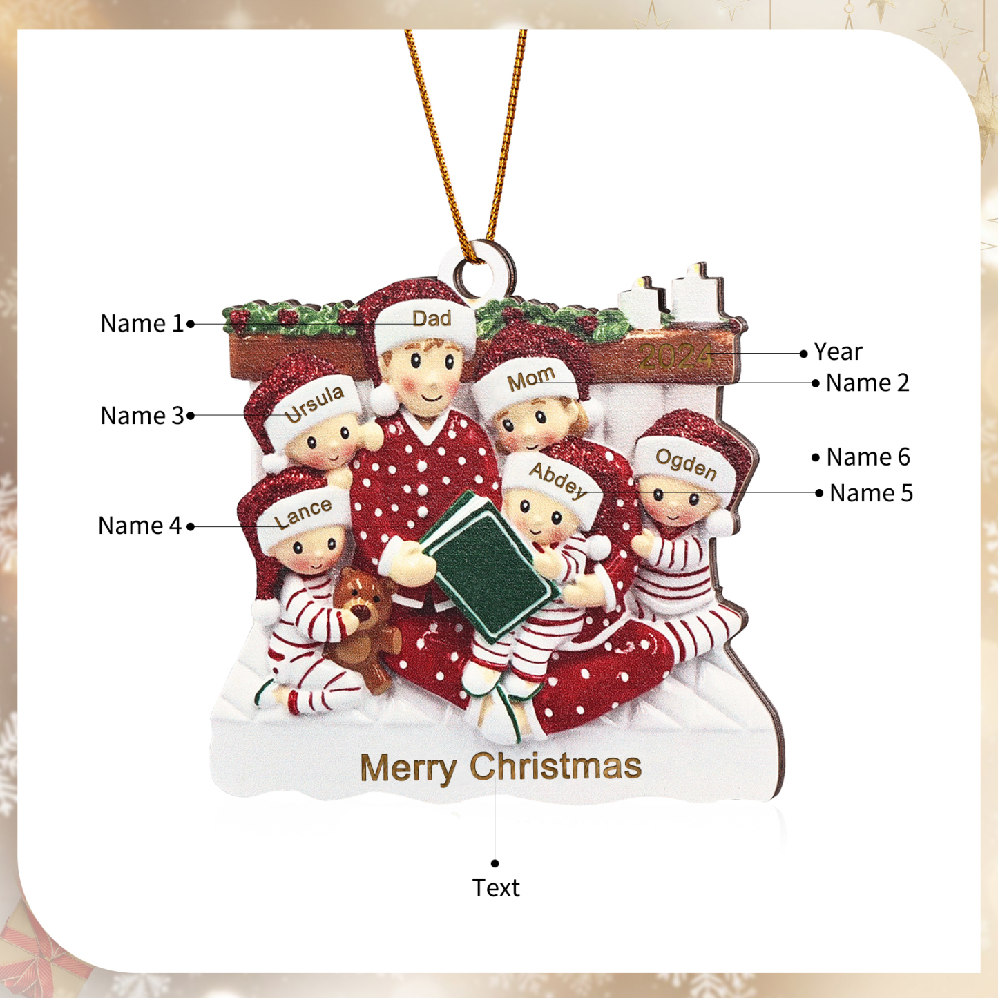 Personalized Christmas Pajama Ornament Custom 6 Names & Year Family Gift