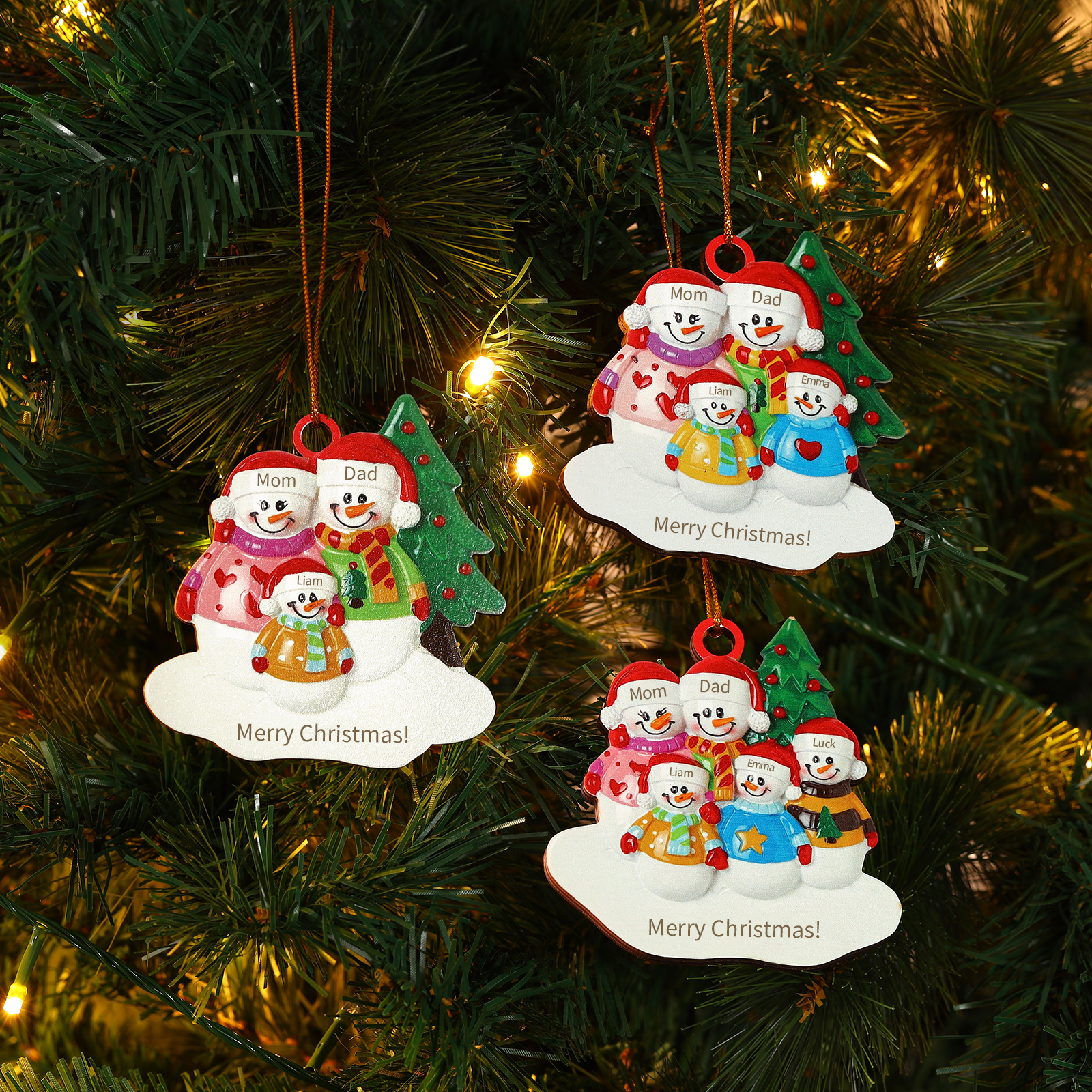 Custom Wooden Snowman Family Ornament with Personalized 4 Names Thoughtful Christmas Gift