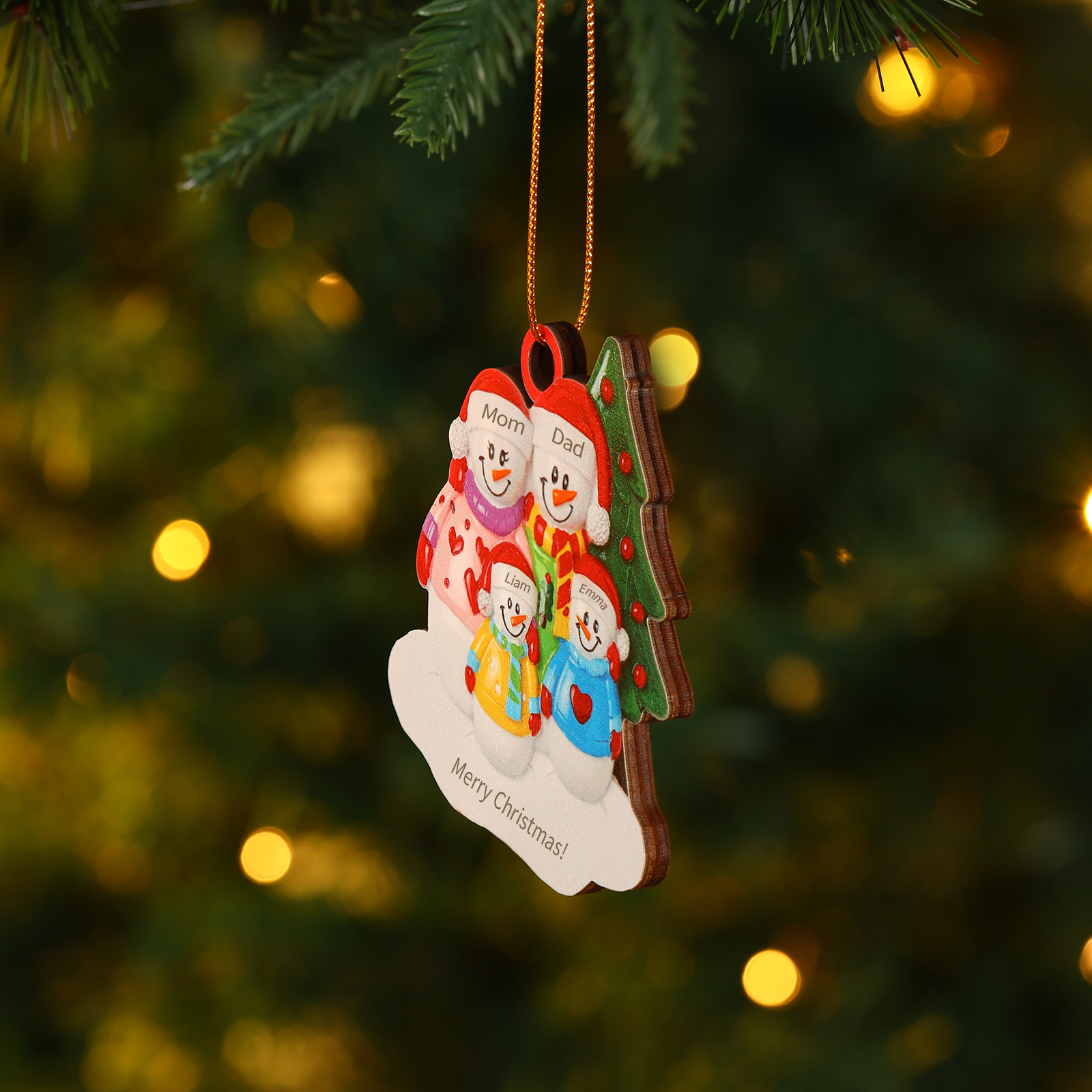 Custom Wooden Snowman Family Ornament with Personalized 4 Names Thoughtful Christmas Gift