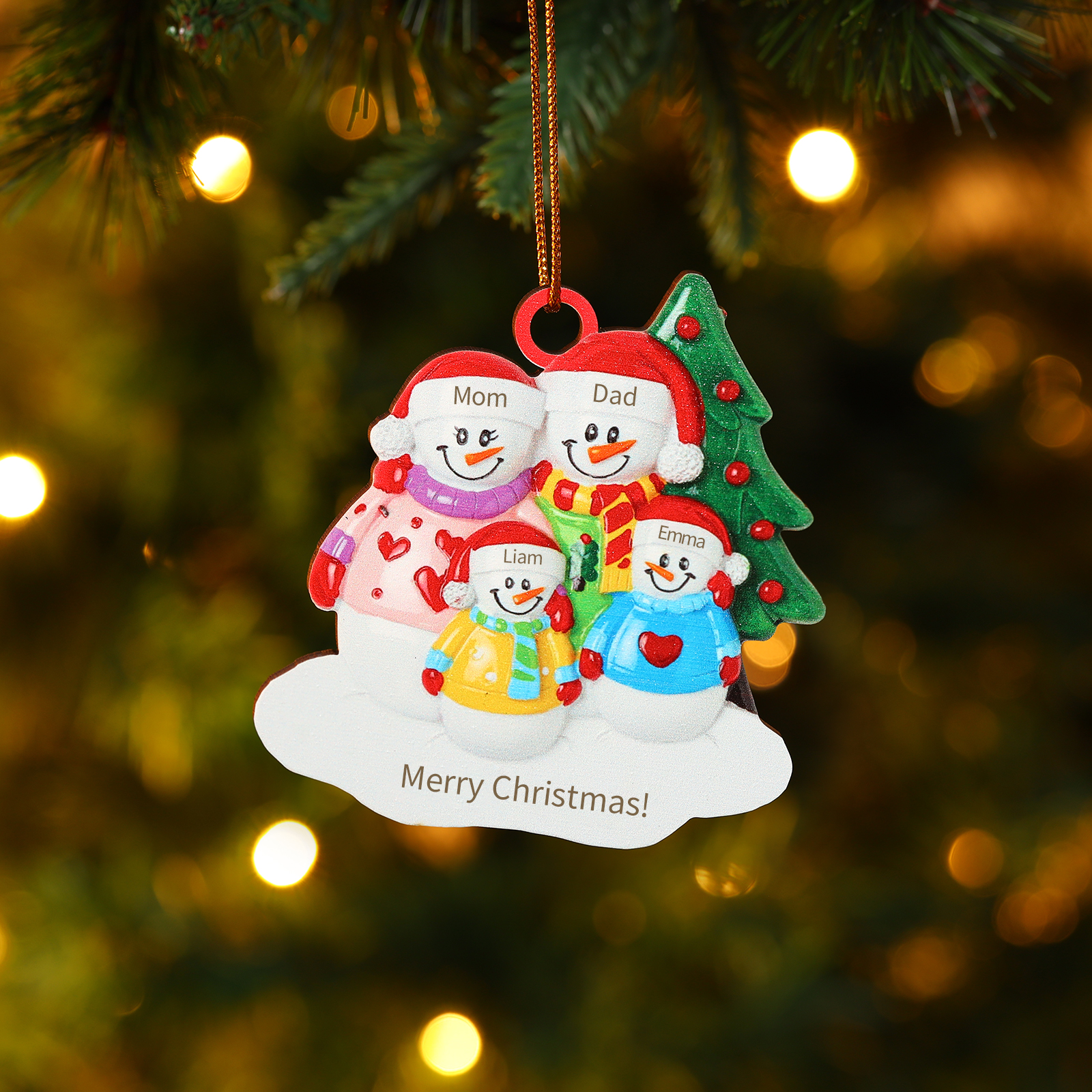 Custom Wooden Snowman Family Ornament with Personalized 4 Names Thoughtful Christmas Gift