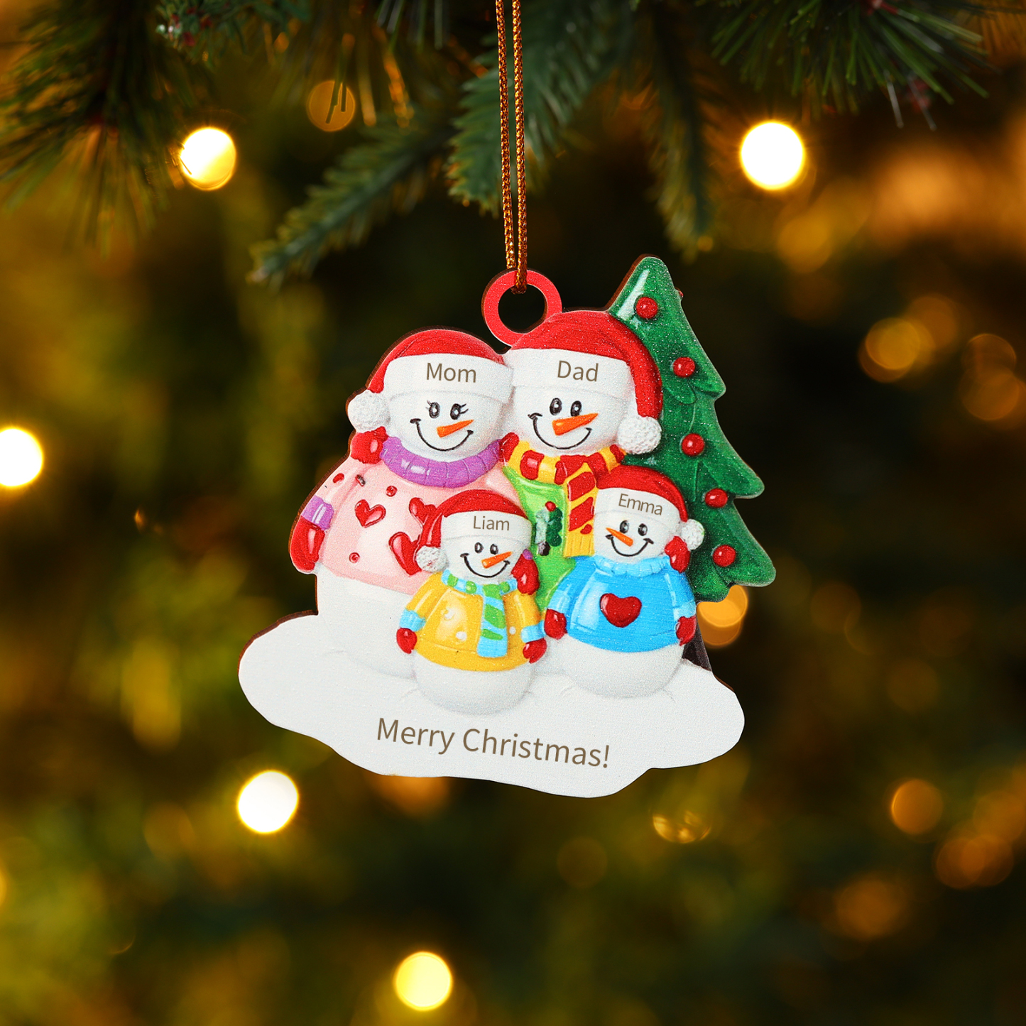 Custom Wooden Snowman Family Ornament with Personalized 4 Names Thoughtful Christmas Gift