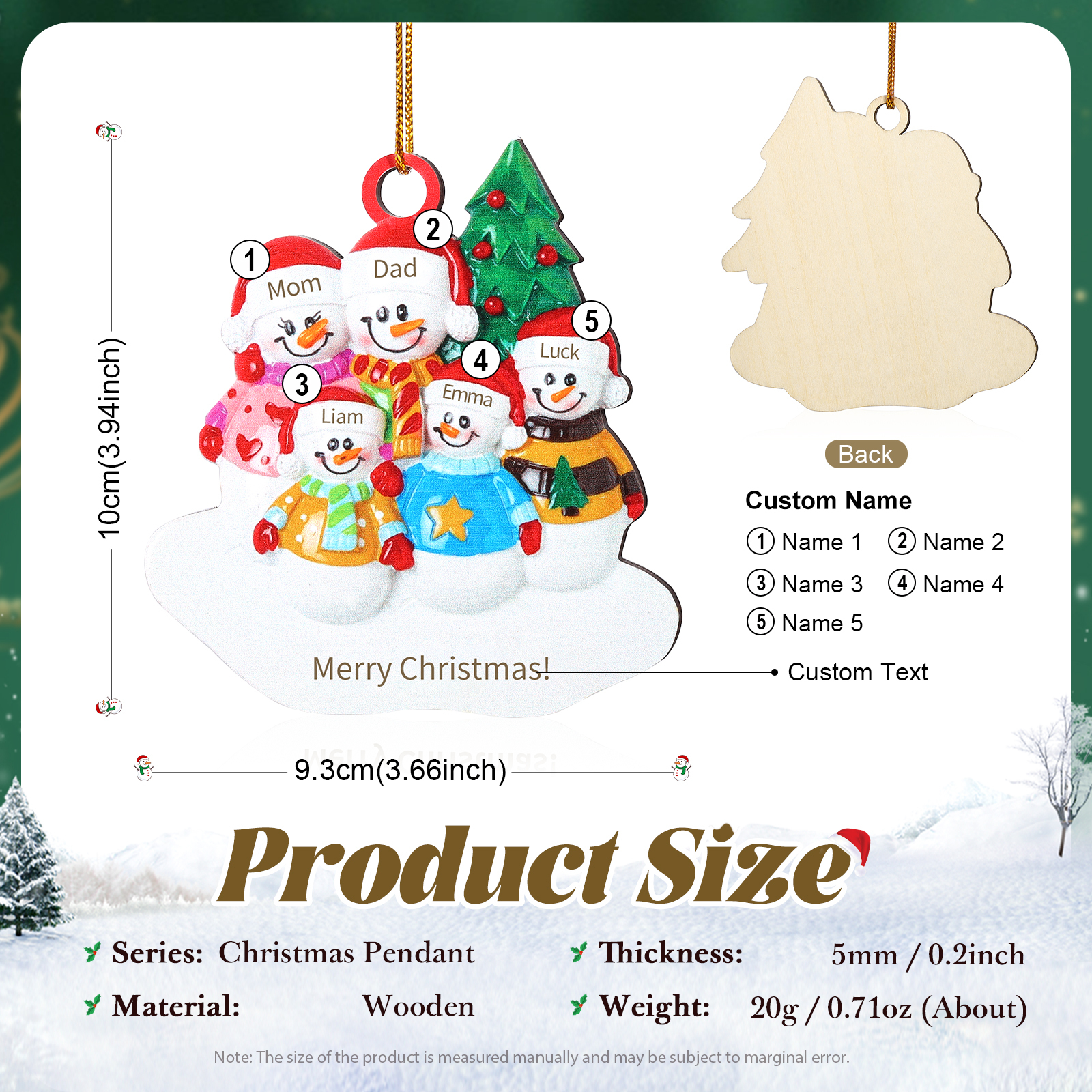 Custom Wooden Snowman Family Ornament with Personalized 5 Names Thoughtful Christmas Gift