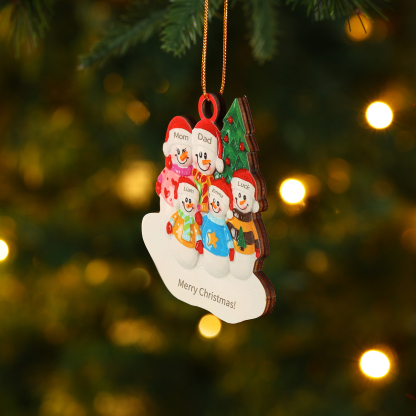 Custom Wooden Snowman Family Ornament with Personalized 5 Names Thoughtful Christmas Gift