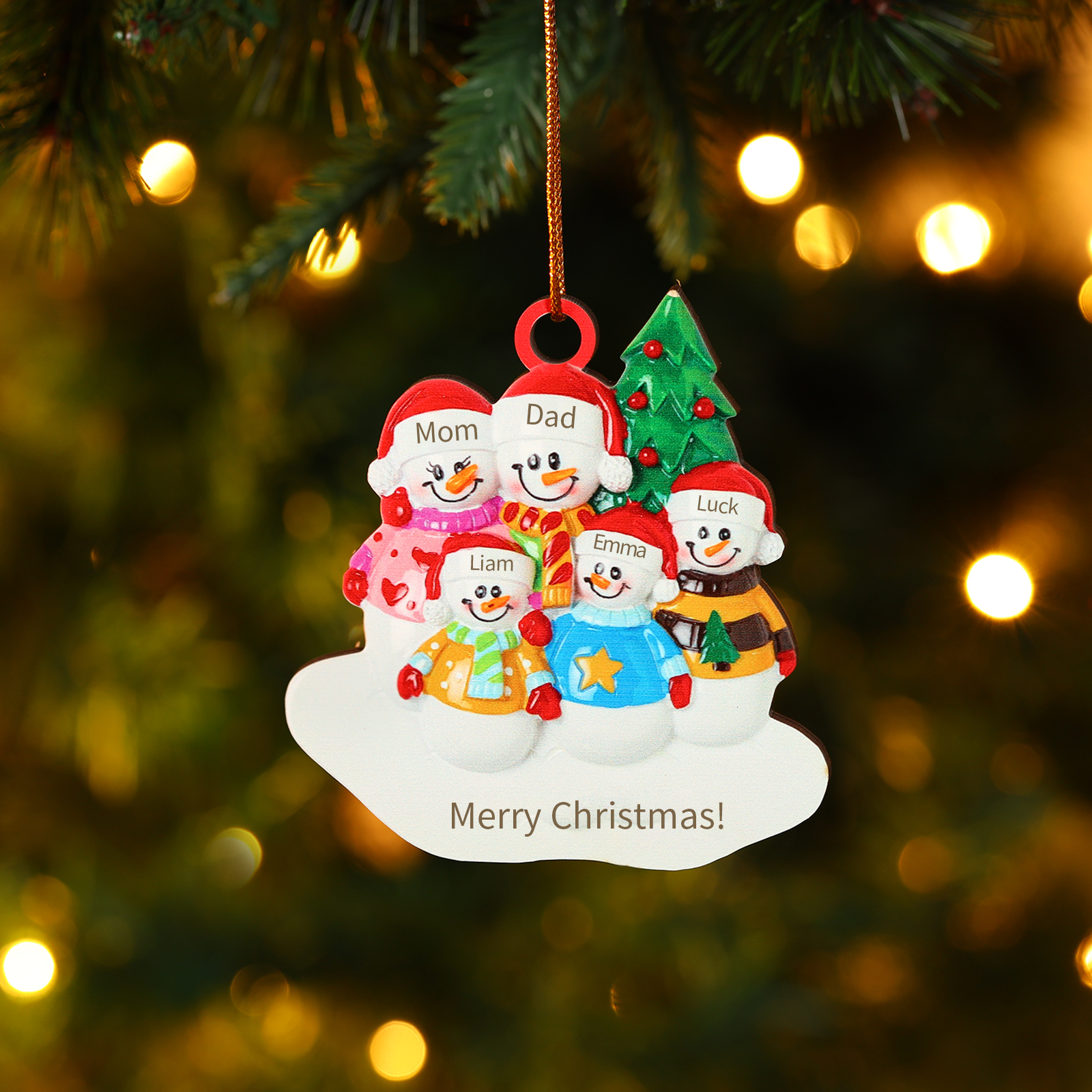 Custom Wooden Snowman Family Ornament with Personalized 5 Names Thoughtful Christmas Gift