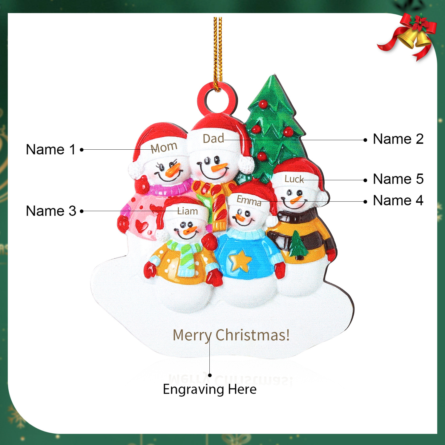 Custom Wooden Snowman Family Ornament with Personalized 5 Names Thoughtful Christmas Gift