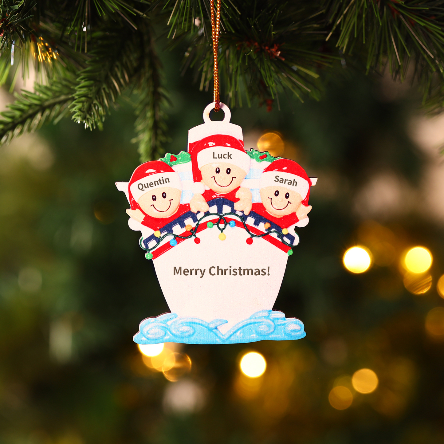 Personalized Ship Ornament with Custom 3Names – Family Wooden Christmas Gift