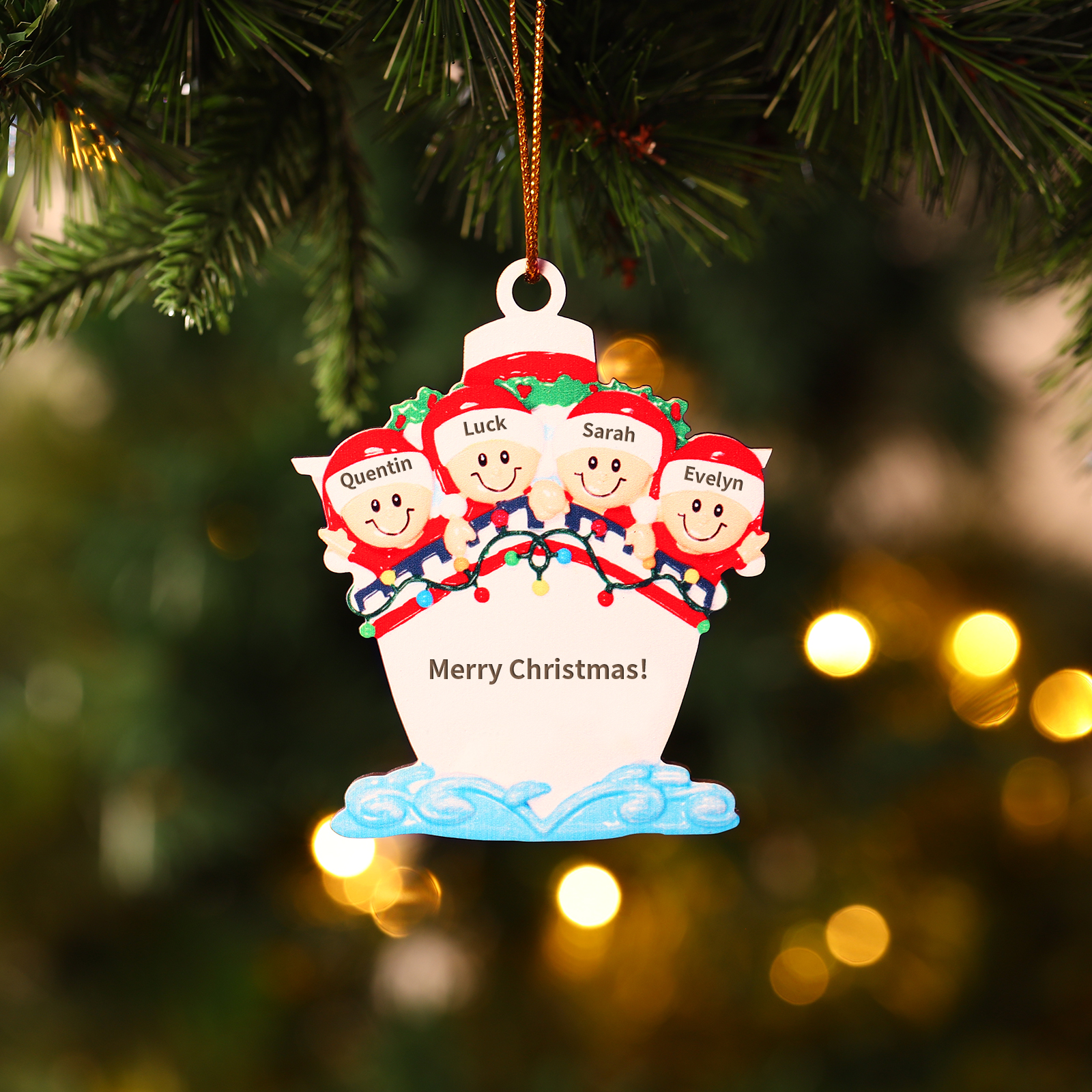 Personalized Ship Ornament with Custom 4 Names – Family Wooden Christmas Gift
