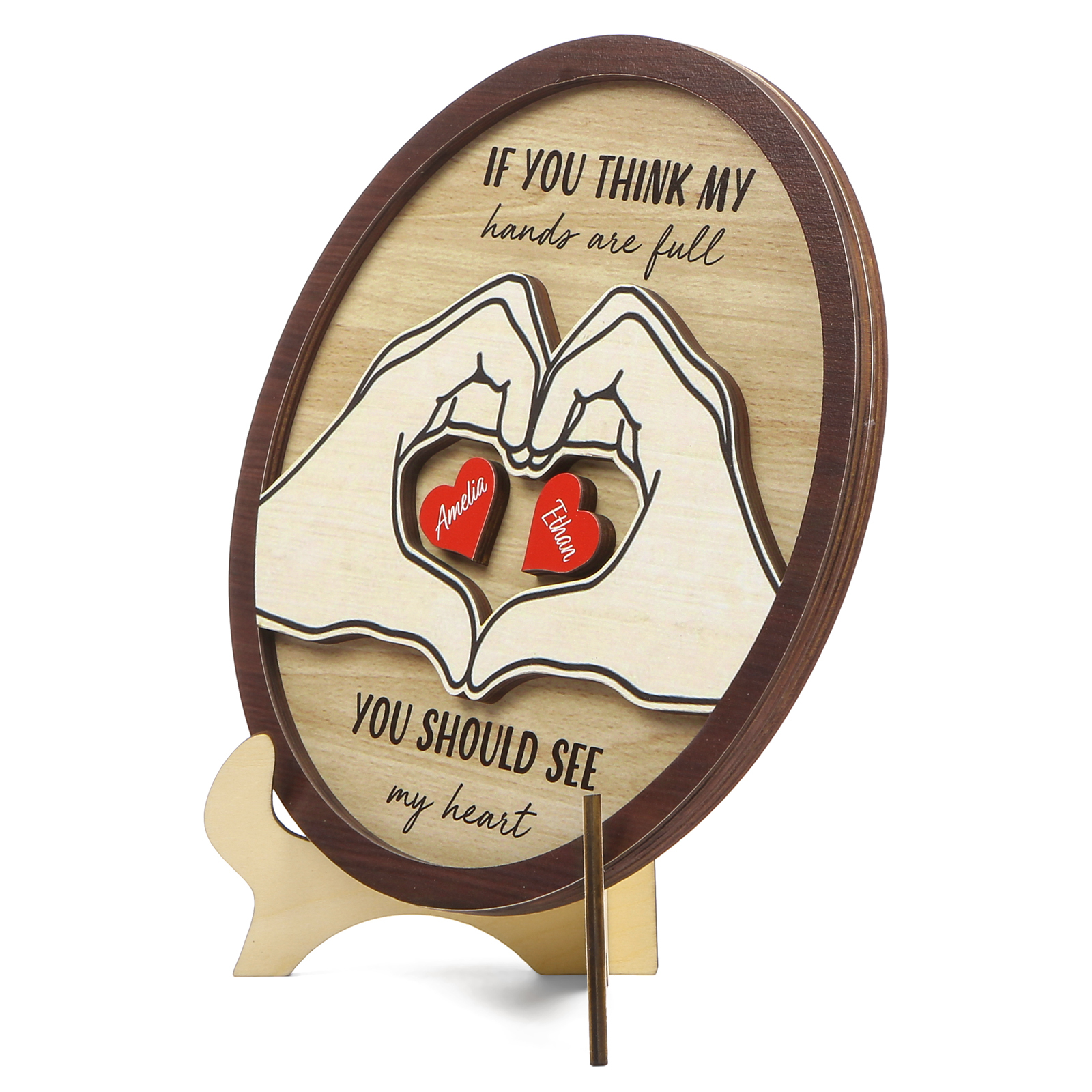 Personalized Wood Plaque with Stand Heart Sign Custom 2-5 Heart Names Family Gift for Home Decor