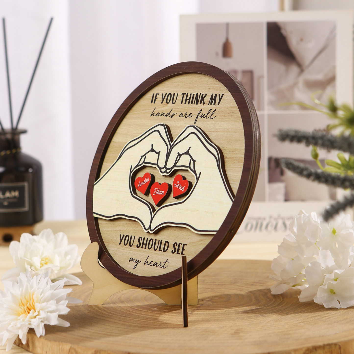 Personalized Wood Plaque with Stand Heart Sign Custom 2-5 Heart Names Family Gift for Home Decor