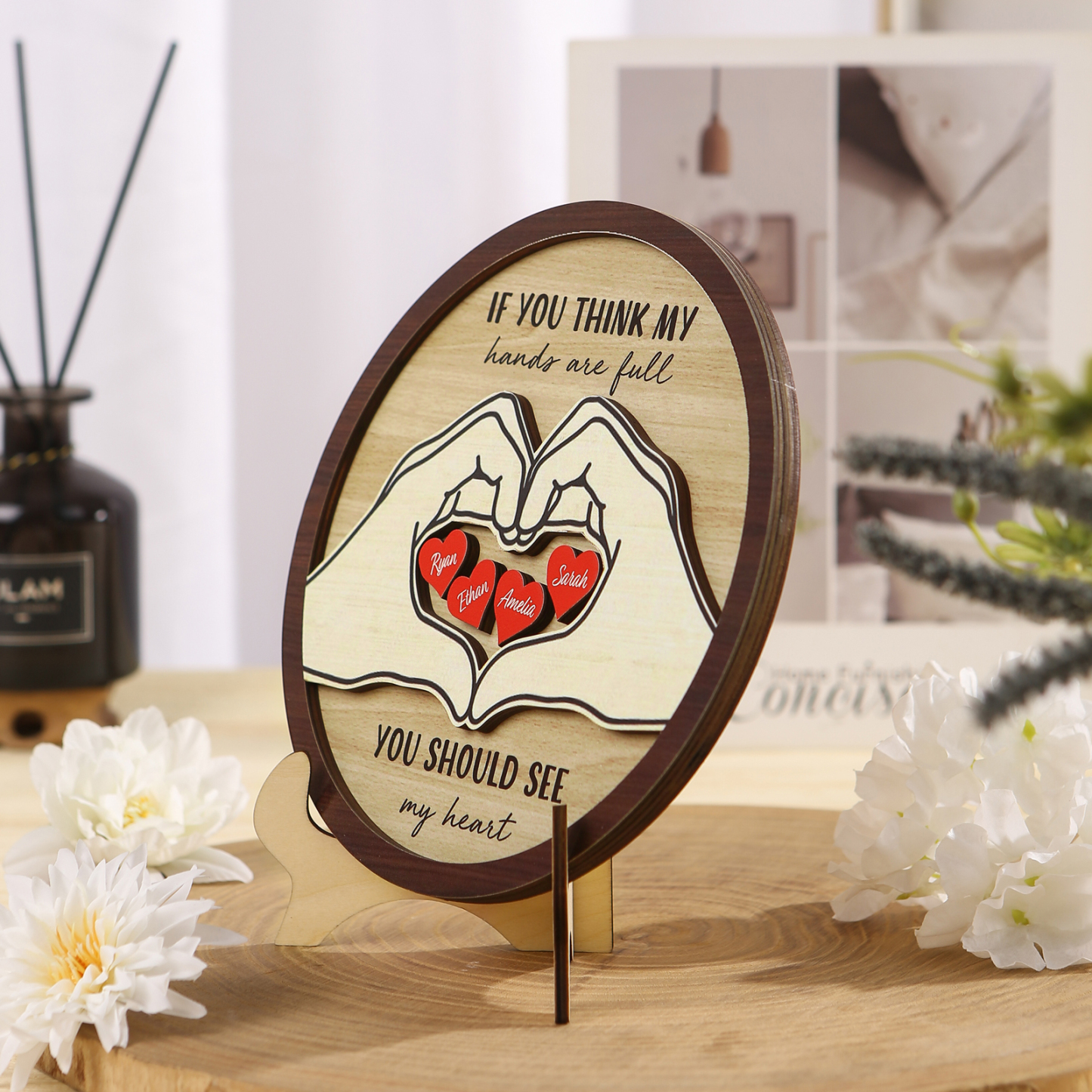 Personalized Wood Plaque with Stand Heart Sign Custom 2-5 Heart Names Family Gift for Home Decor