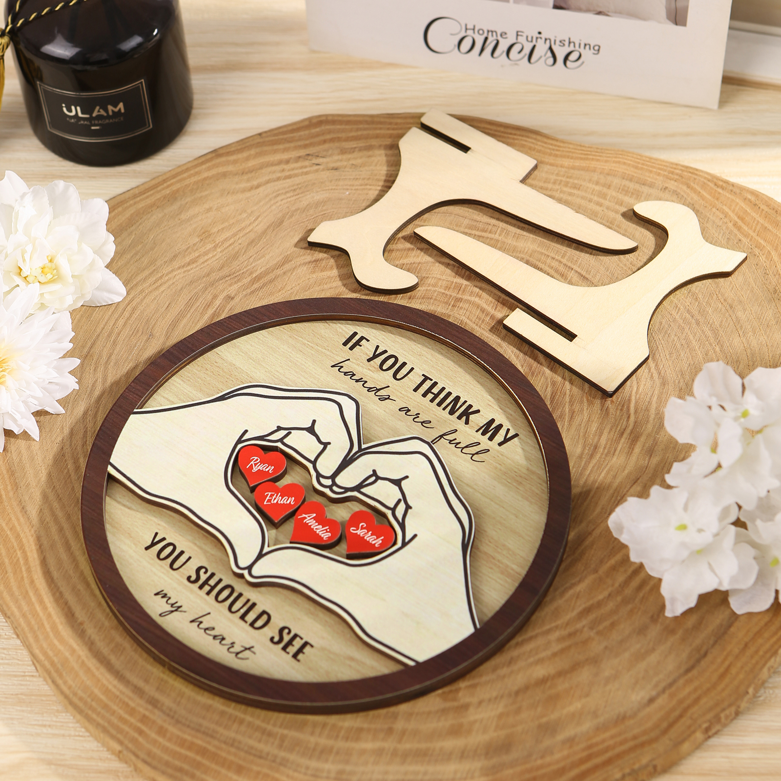 Personalized Wood Plaque with Stand Heart Sign Custom 2-5 Heart Names Family Gift for Home Decor