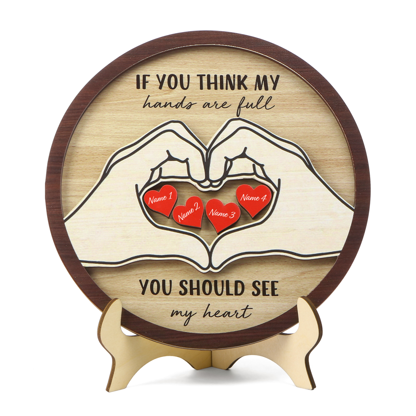 Personalized Wood Plaque with Stand Heart Sign Custom 2-5 Heart Names Family Gift for Home Decor