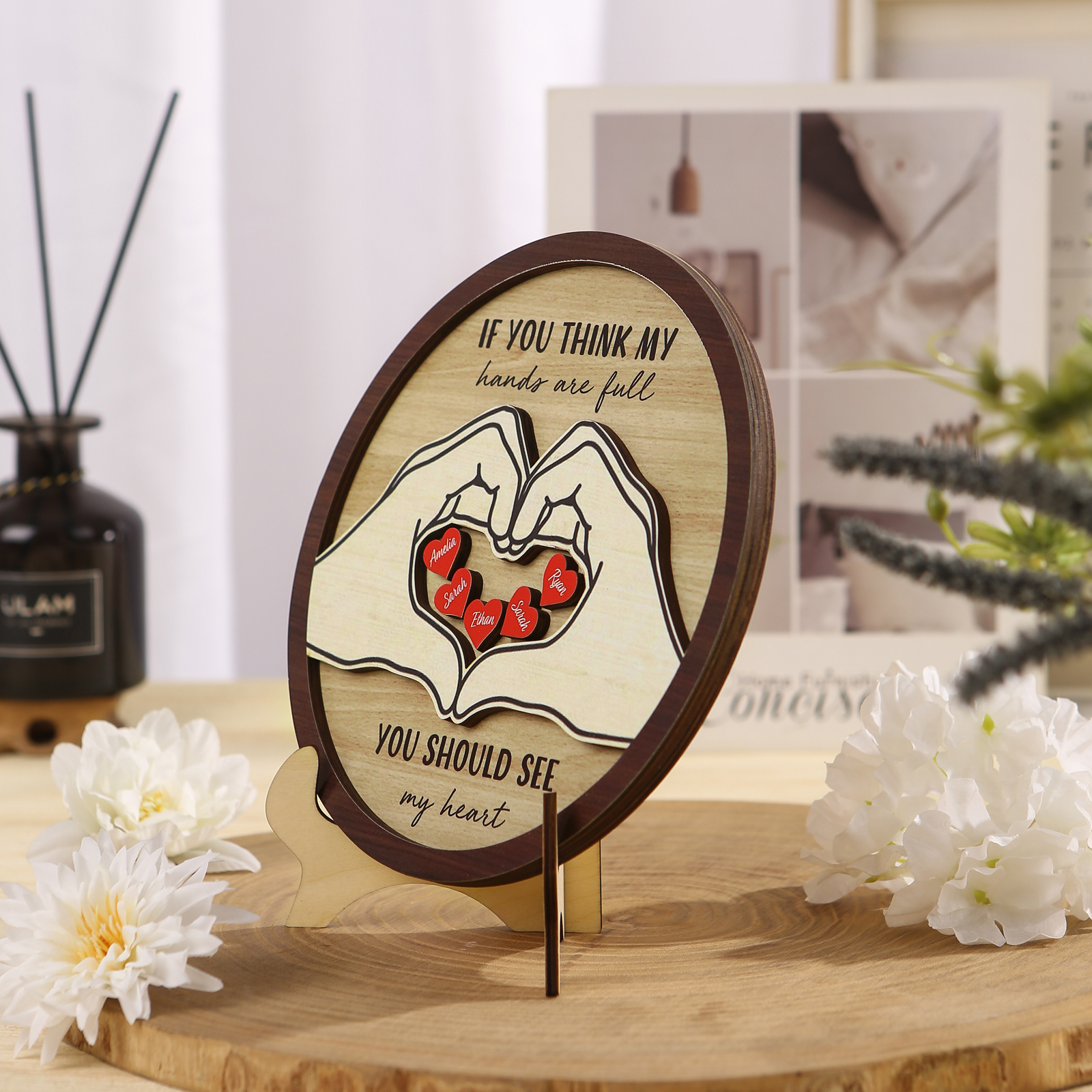 Personalized Wood Plaque with Stand Heart Sign Custom 2-5 Heart Names Family Gift for Home Decor