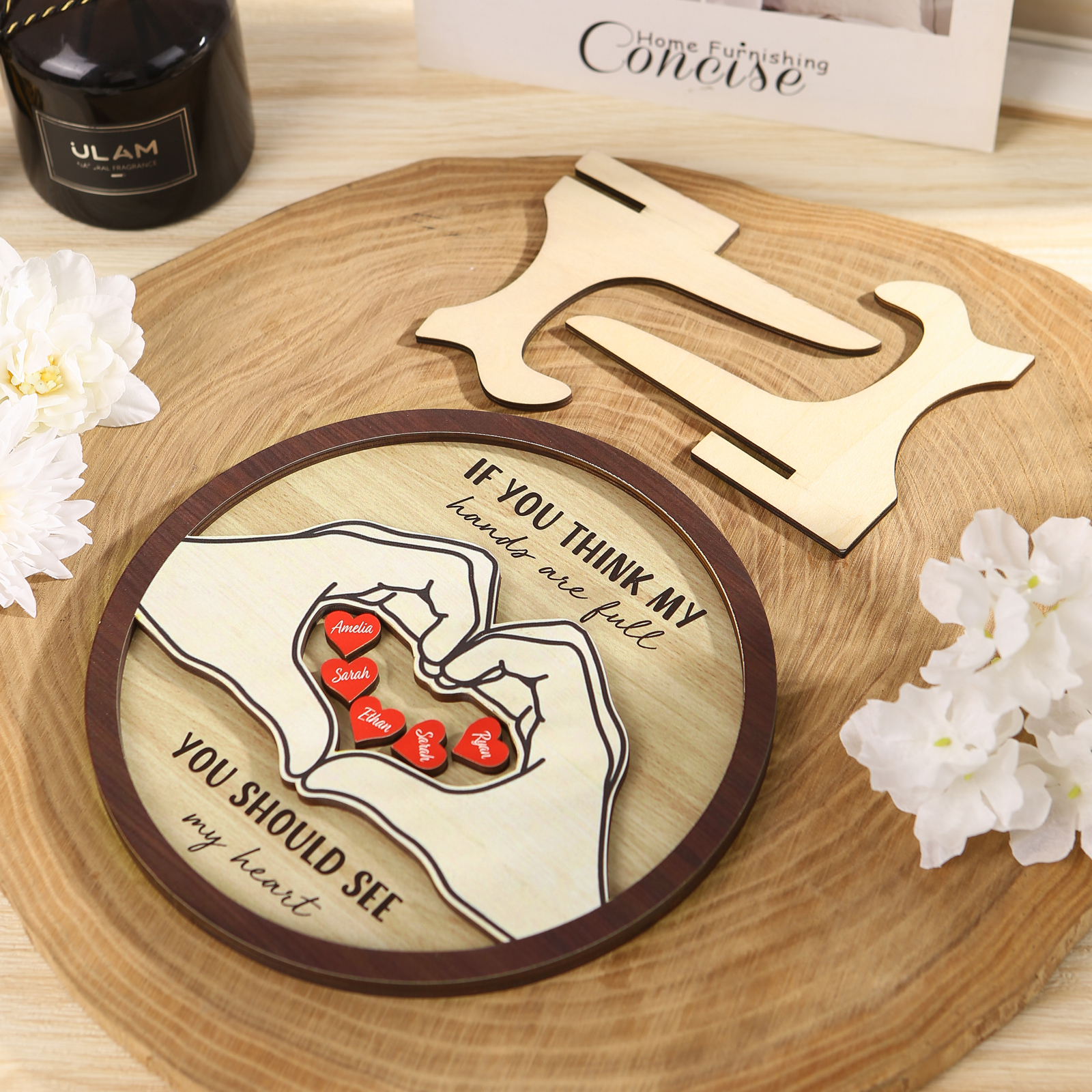 Personalized Wood Plaque with Stand Heart Sign Custom 2-5 Heart Names Family Gift for Home Decor