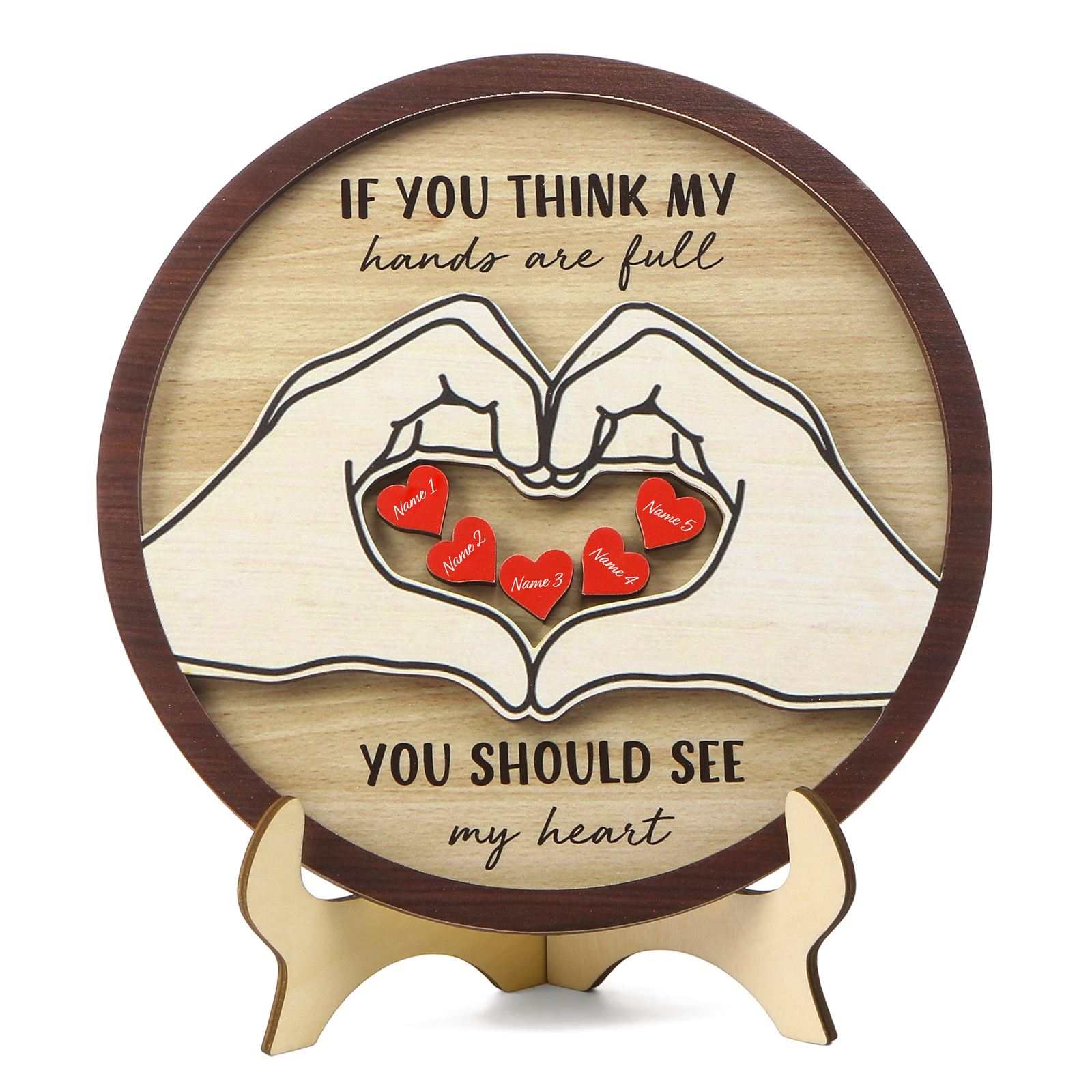 Personalized Wood Plaque with Stand Heart Sign Custom 2-5 Heart Names Family Gift for Home Decor