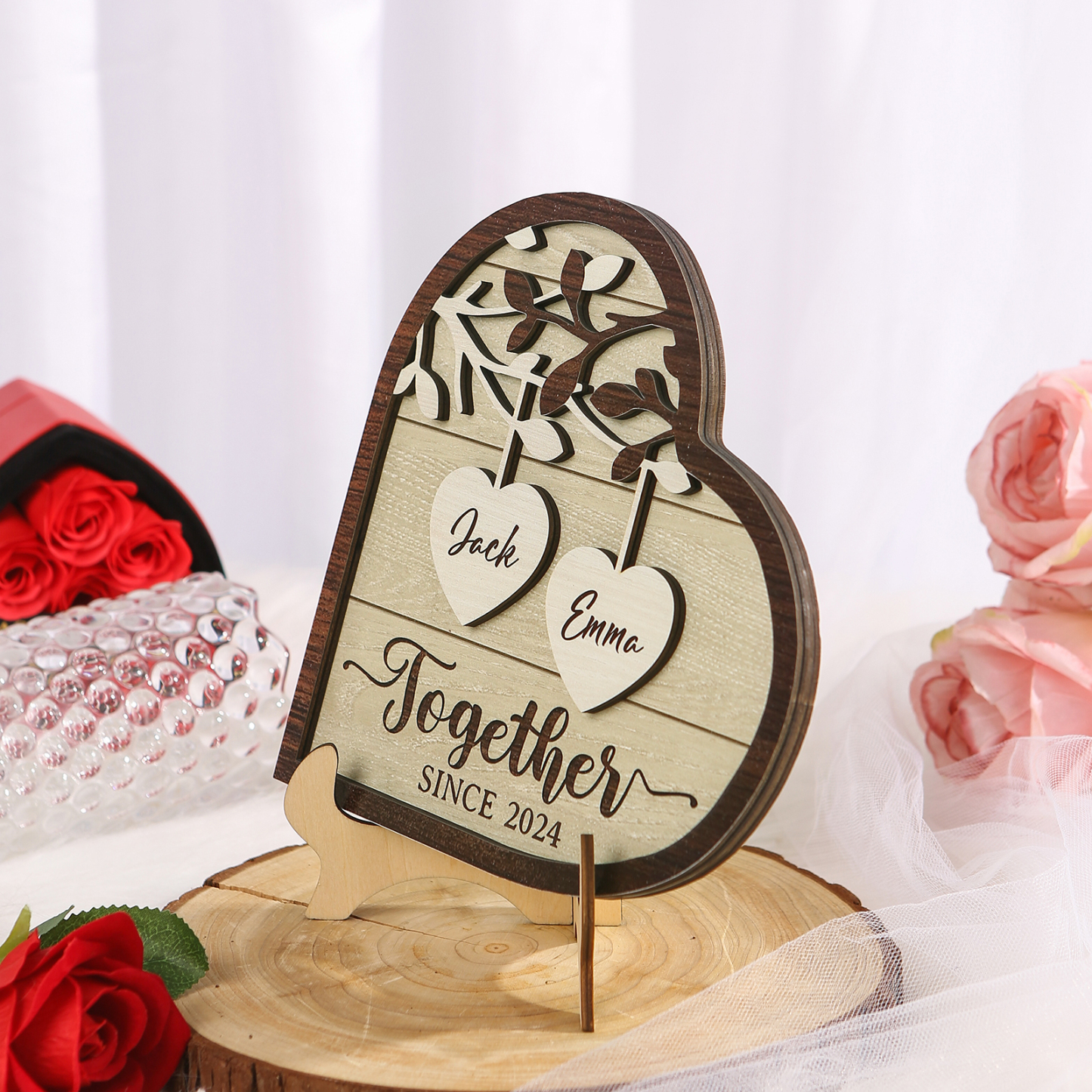 Personalized Heart-Shaped Wooden Plaque with Names & Year Perfect for Couples