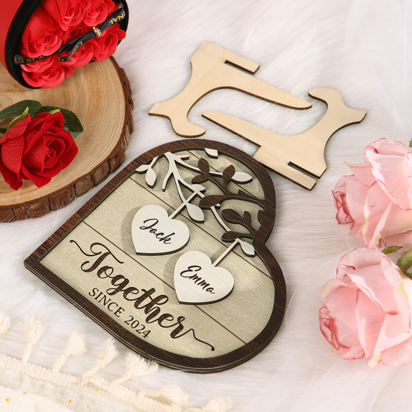Personalized Heart-Shaped Wooden Plaque with Names & Year Perfect for Couples