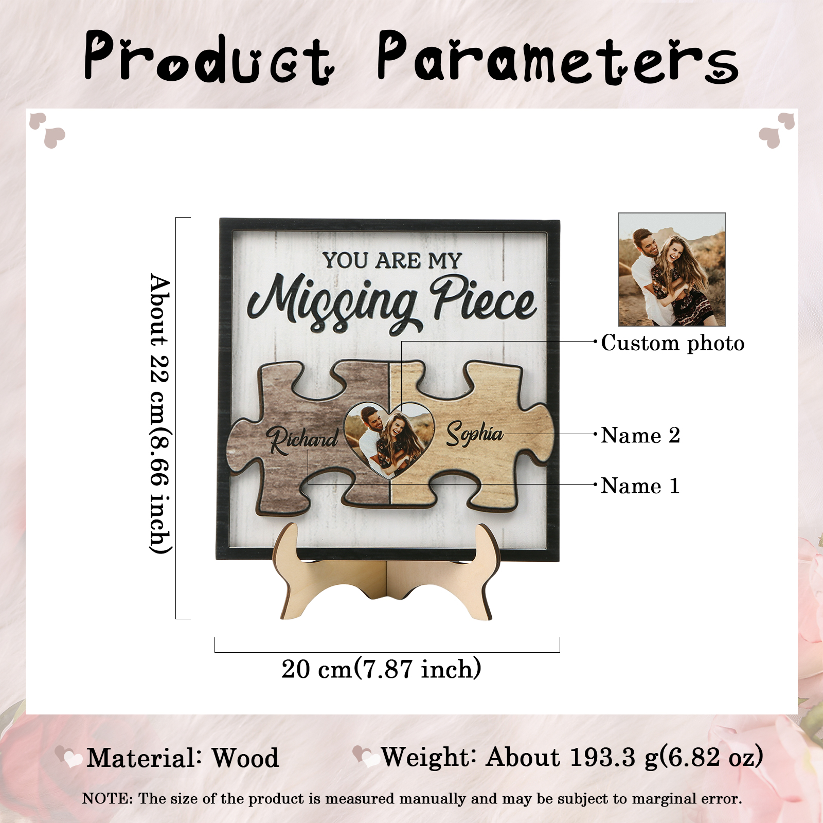 Personalized Puzzle Plaque with 2 Names & Photo Heart-Shaped Building Blocks of Love