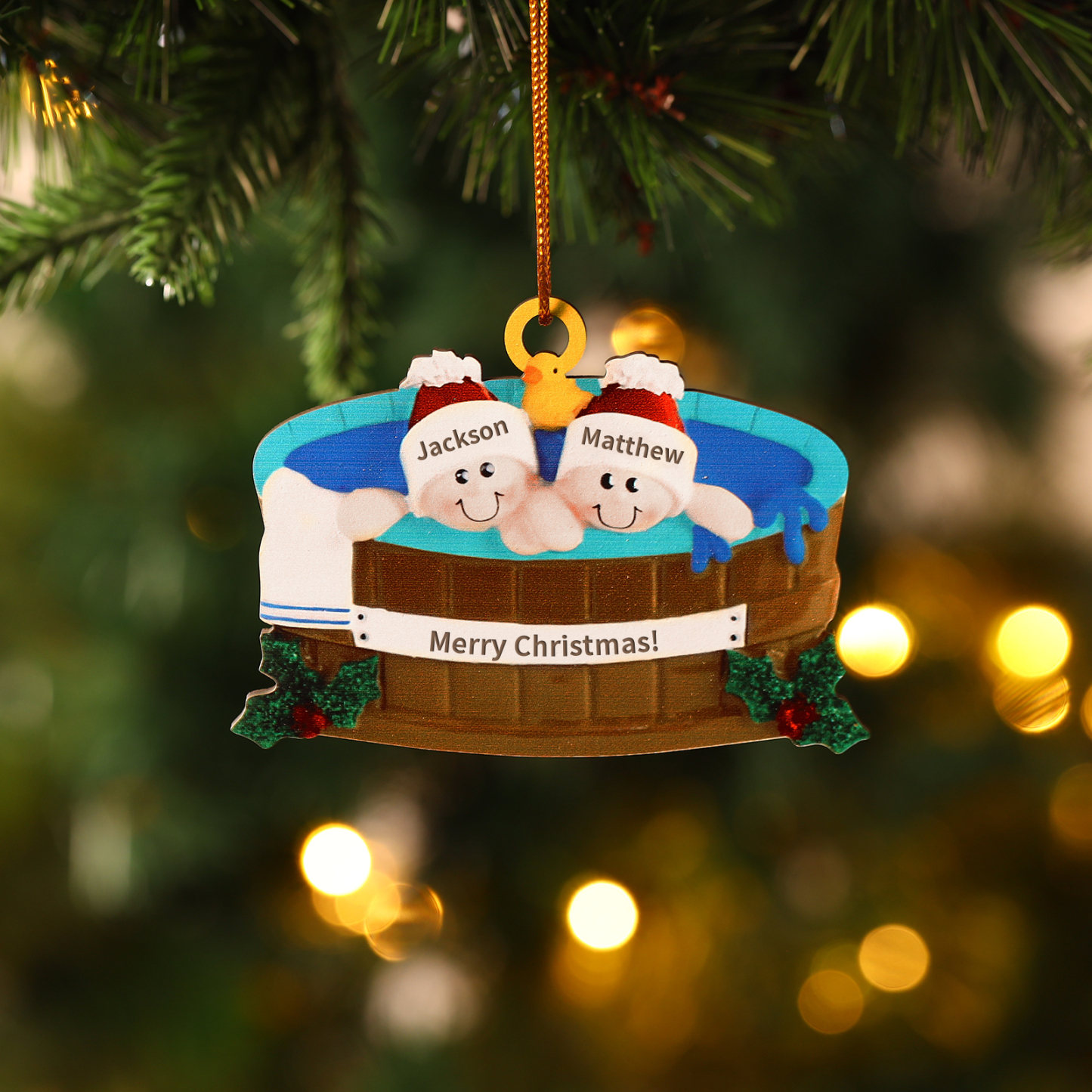 Personalized Wooden Hot Tub Family Ornament with Custom 2 Names Unique Christmas Gift