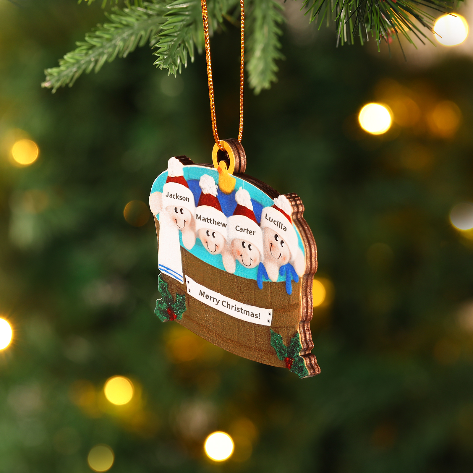Personalized Wooden Hot Tub Family Ornament with Custom 4 Names Unique Christmas Gift