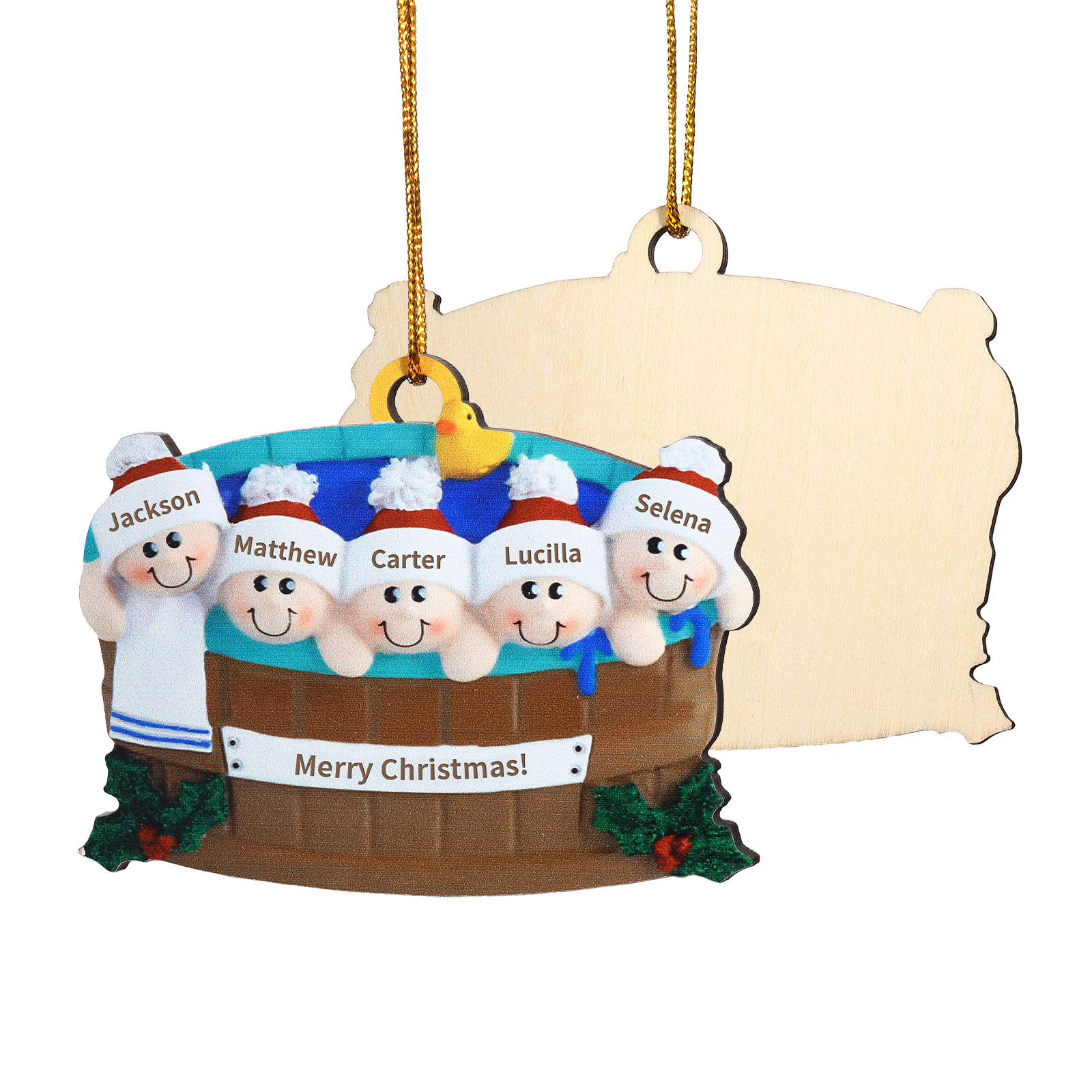 Personalized Wooden Hot Tub Family Ornament with Custom 5 Names Unique Christmas Gift