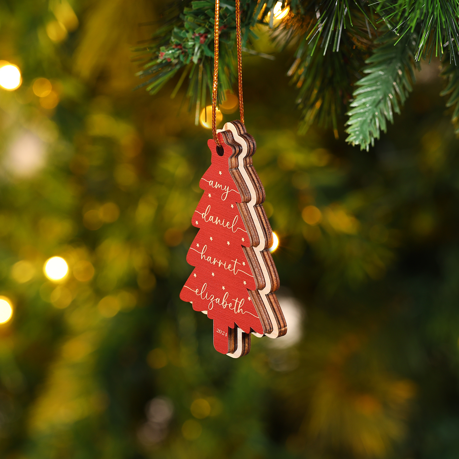 Personalized Christmas Tree Ornament Custom with 1-6 Names Family Holiday Decor 2 Layer Wooden Ornaments