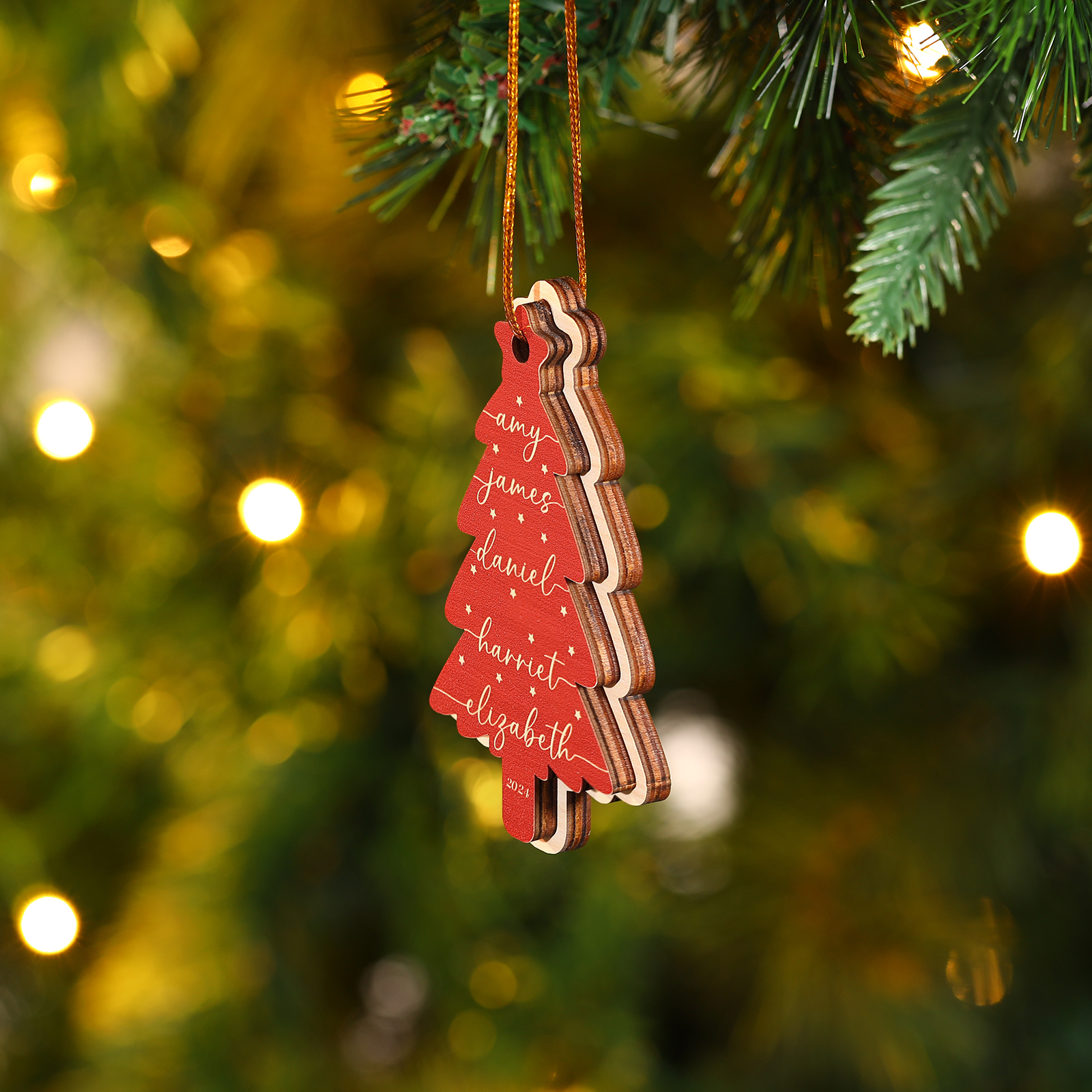 Personalized Christmas Tree Ornament Custom with 1-6 Names Family Holiday Decor 2 Layer Wooden Ornaments