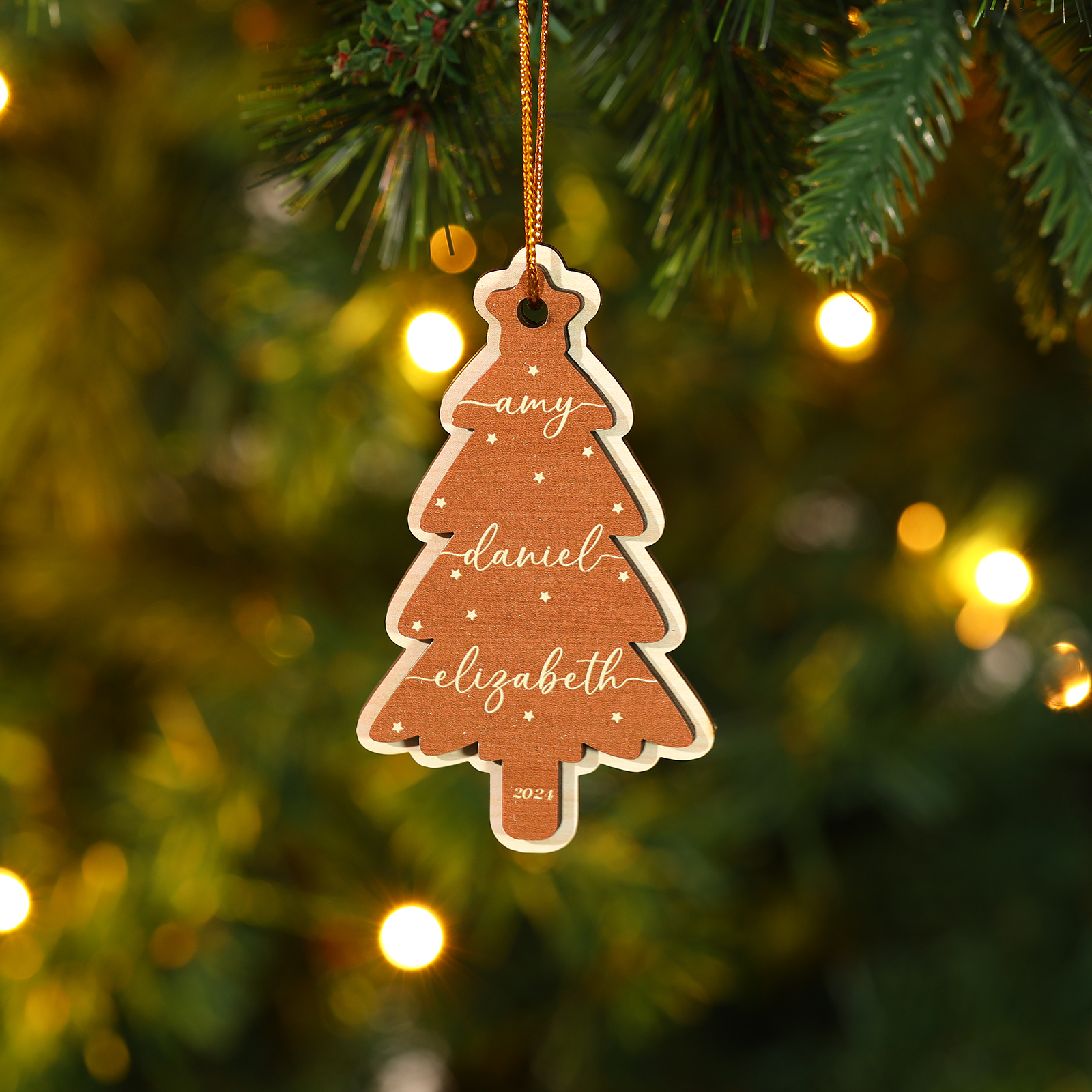 Personalized Christmas Tree Ornament Custom with 1-6 Names Family Holiday Decor 2 Layer Wooden Ornaments