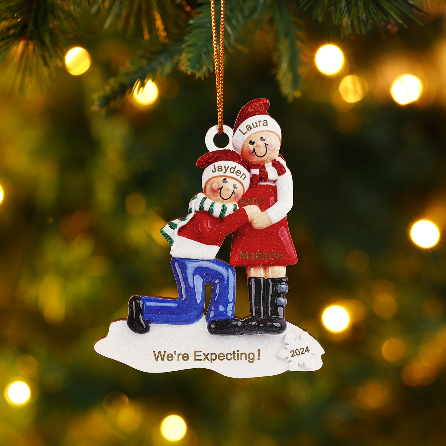 Personalized Christmas Ornament for Expecting Family with 3 Custom Names & Text Celebrating Pregnancy with Love