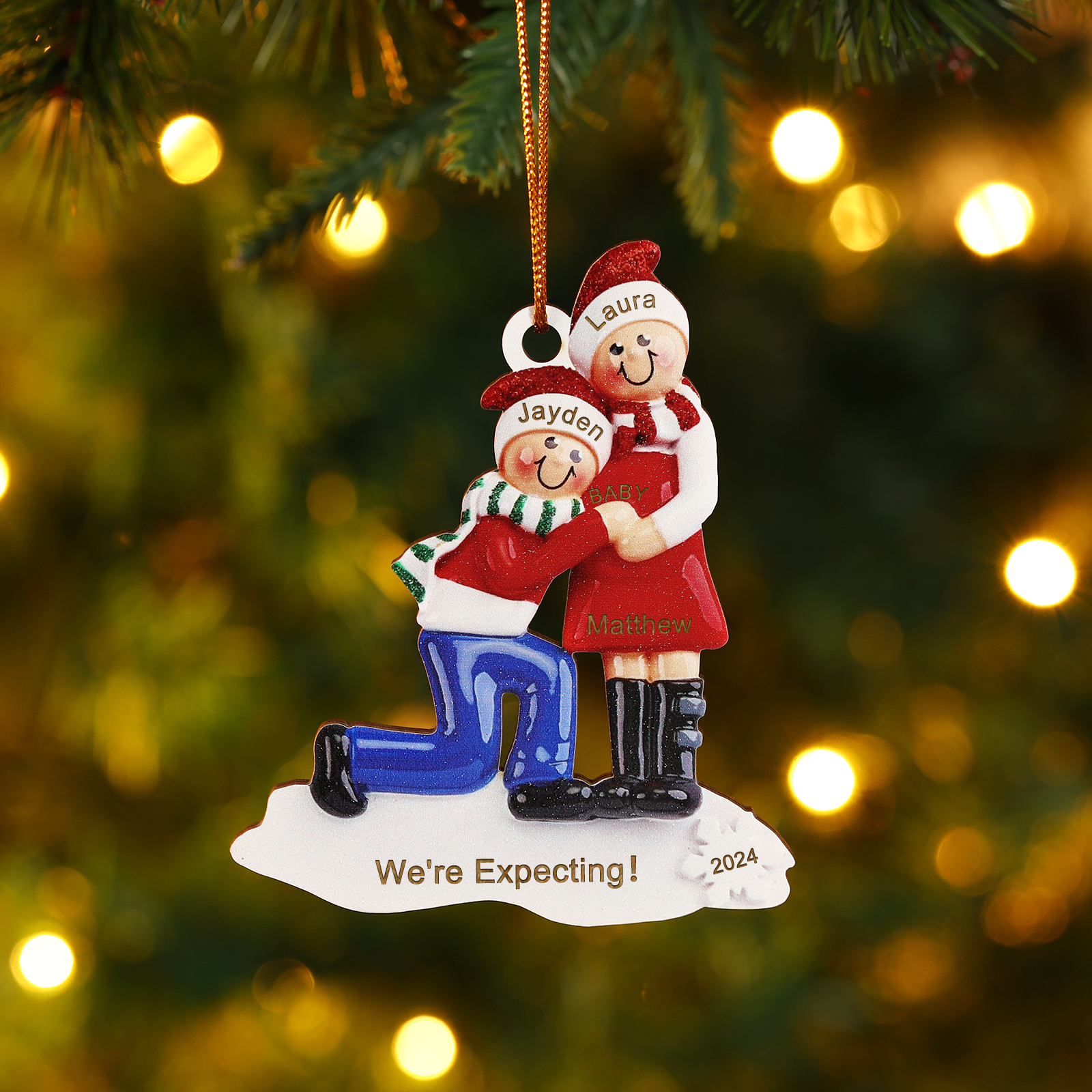 Personalized Christmas Ornament for Expecting Family with 3 Custom Names & Text Celebrating Pregnancy with Love