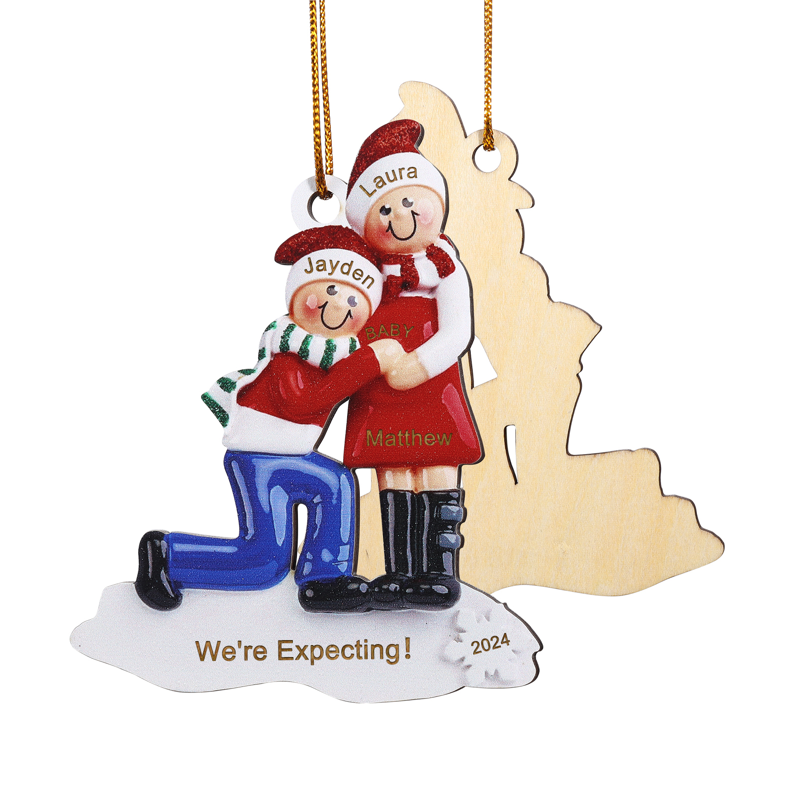 Personalized Christmas Ornament for Expecting Family with 3 Custom Names & Text Celebrating Pregnancy with Love