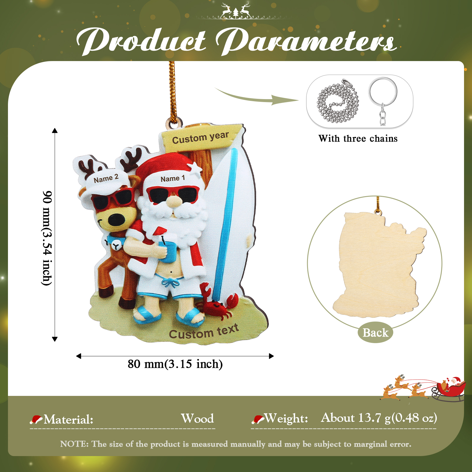 Custom Beach Christmas Ornament with Santa & 1 Reindeer – Personalized 1 Name, Year & Text for Family Gifts