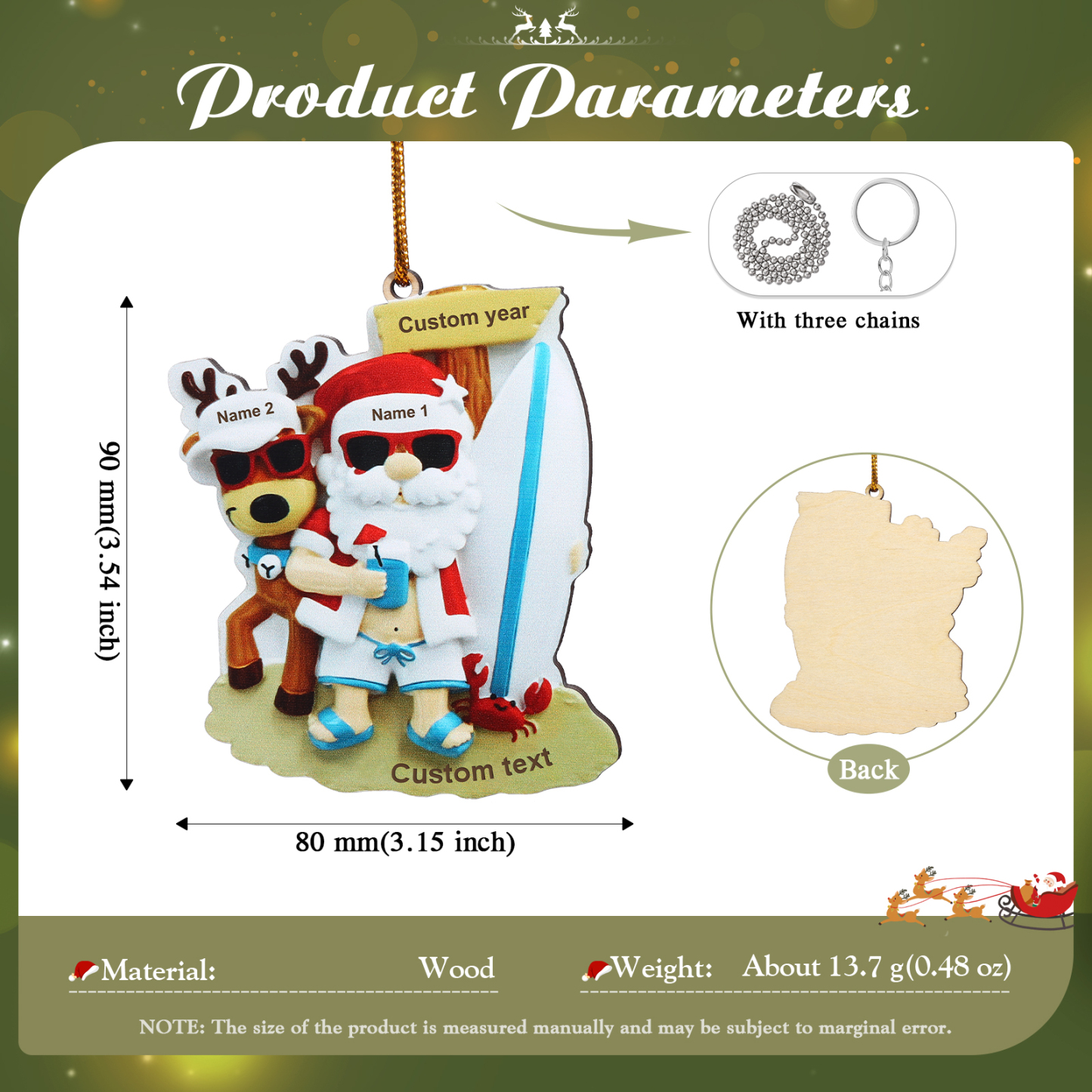 Custom Beach Christmas Ornament with Santa & 1 Reindeer – Personalized 1 Name, Year & Text for Family Gifts