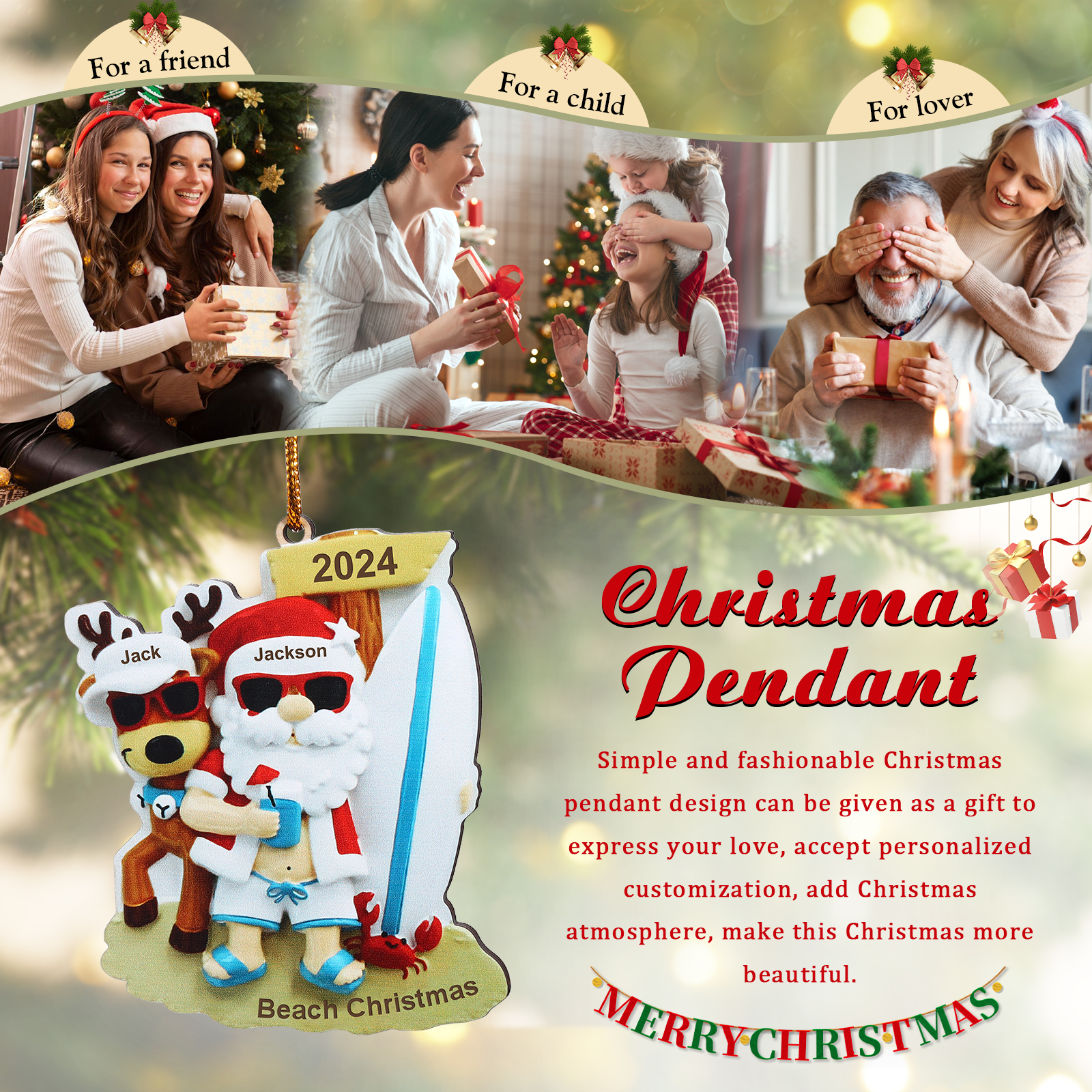 Custom Beach Christmas Ornament with Santa & 1 Reindeer – Personalized 1 Name, Year & Text for Family Gifts