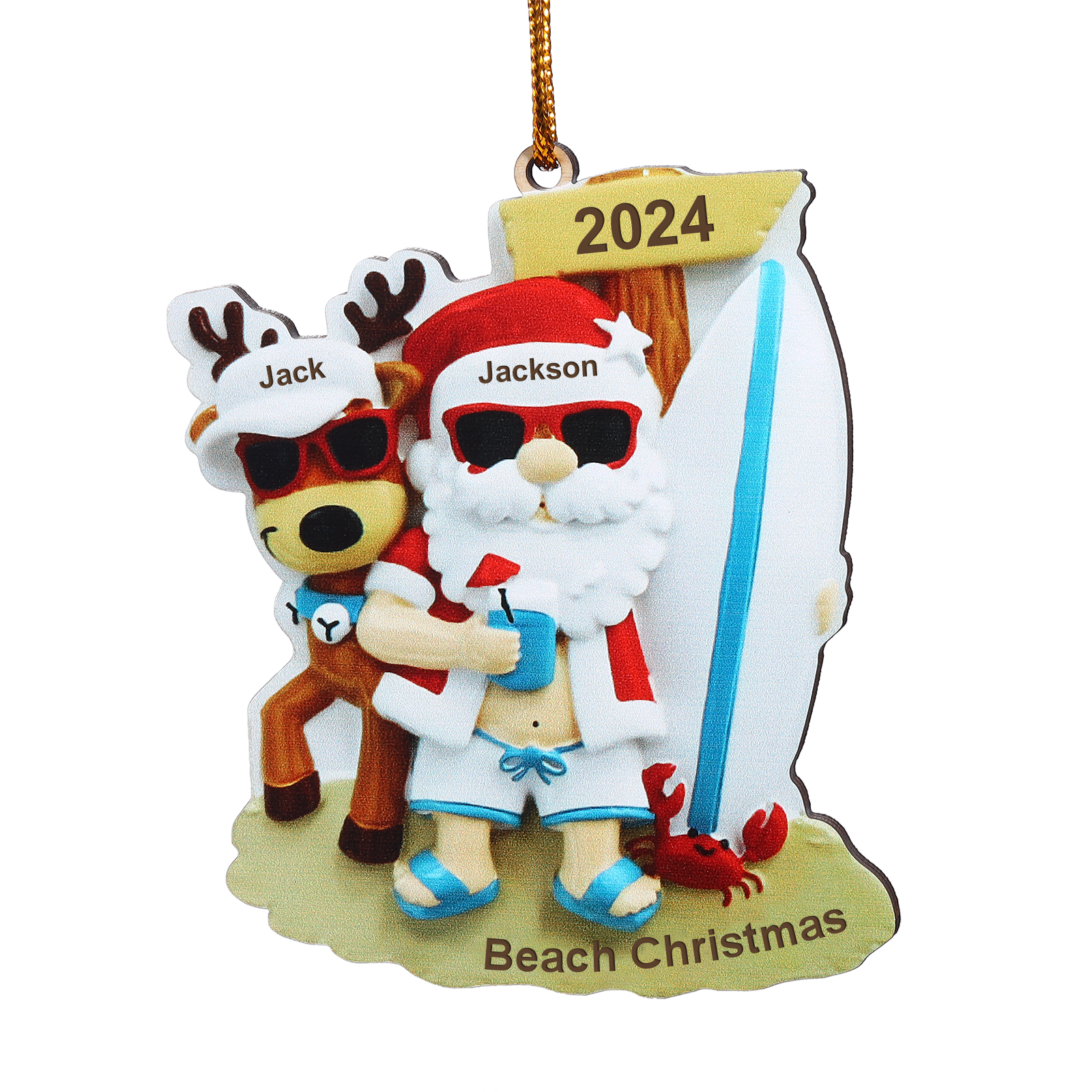 Custom Beach Christmas Ornament with Santa & 1 Reindeer – Personalized 1 Name, Year & Text for Family Gifts