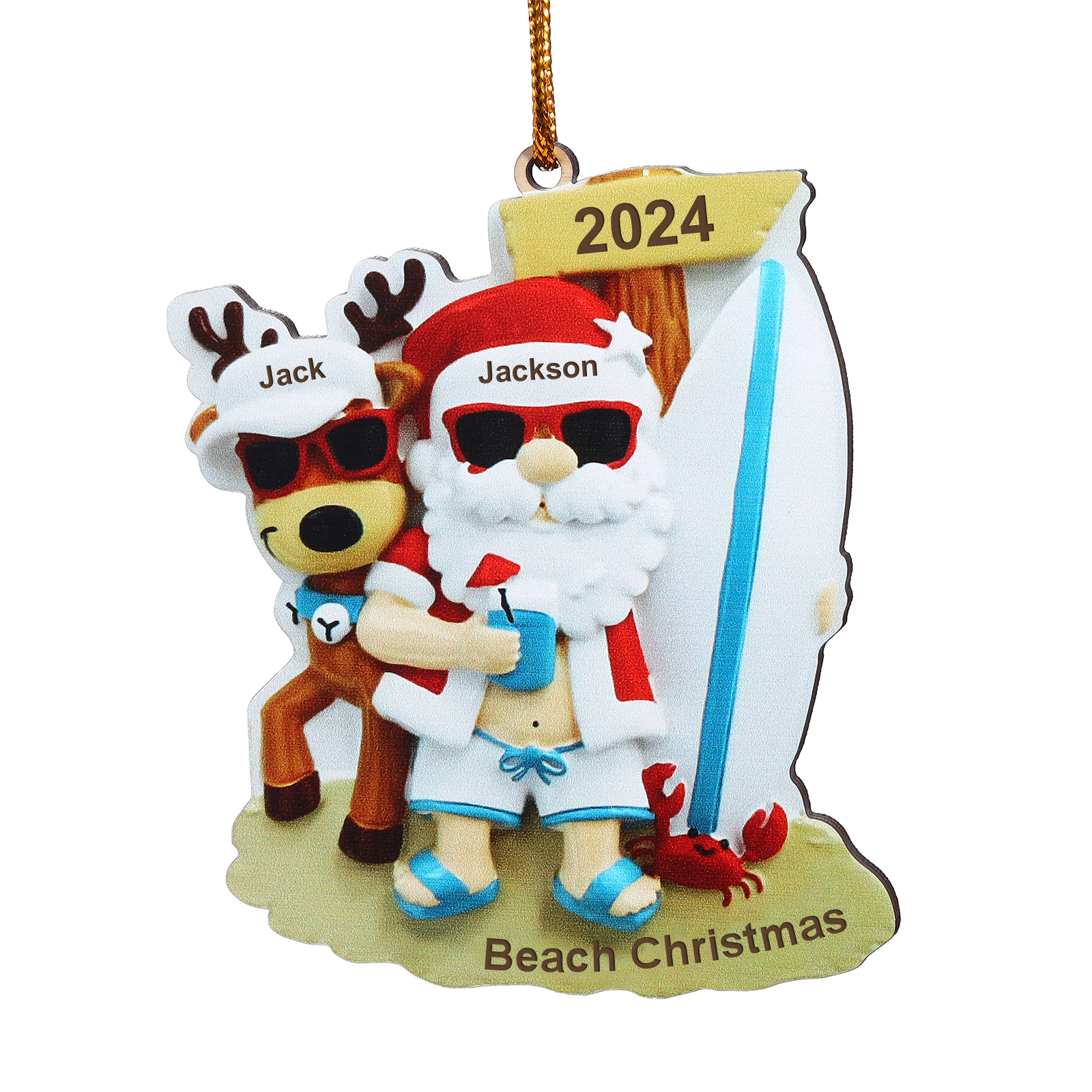 Custom Beach Christmas Ornament with Santa & 1 Reindeer – Personalized 1 Name, Year & Text for Family Gifts