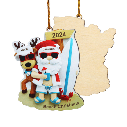 Custom Beach Christmas Ornament with Santa & 1 Reindeer – Personalized 1 Name, Year & Text for Family Gifts