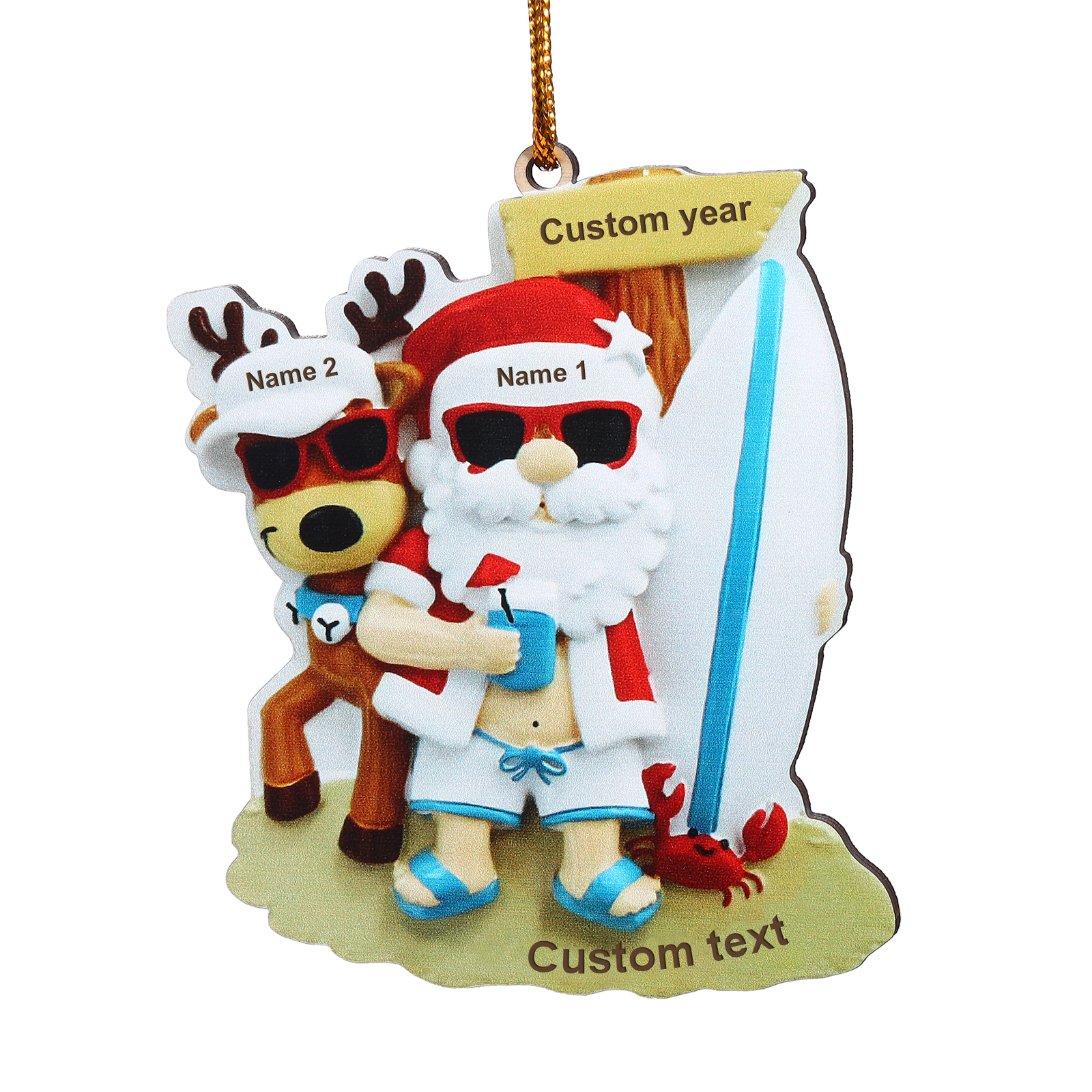 Custom Beach Christmas Ornament with Santa & 1 Reindeer – Personalized 1 Name, Year & Text for Family Gifts