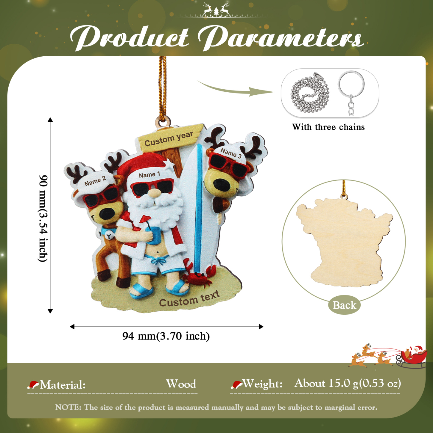 Custom Beach Christmas Ornament with Santa & 2 Reindeer – Personalized 3 Names Year & Text for Family Gifts