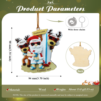 Custom Beach Christmas Ornament with Santa & 2 Reindeer – Personalized 3 Names Year & Text for Family Gifts