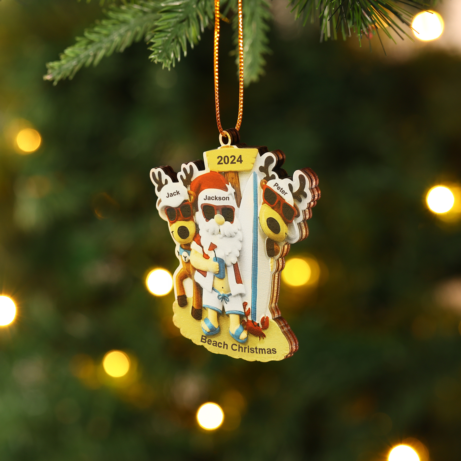Custom Beach Christmas Ornament with Santa & 2 Reindeer – Personalized 3 Names Year & Text for Family Gifts