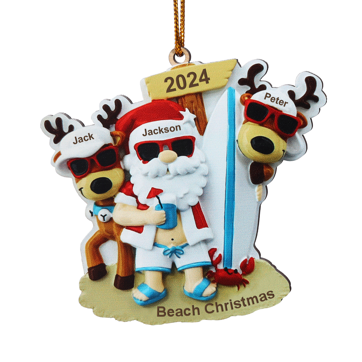 Custom Beach Christmas Ornament with Santa & 2 Reindeer – Personalized 3 Names Year & Text for Family Gifts