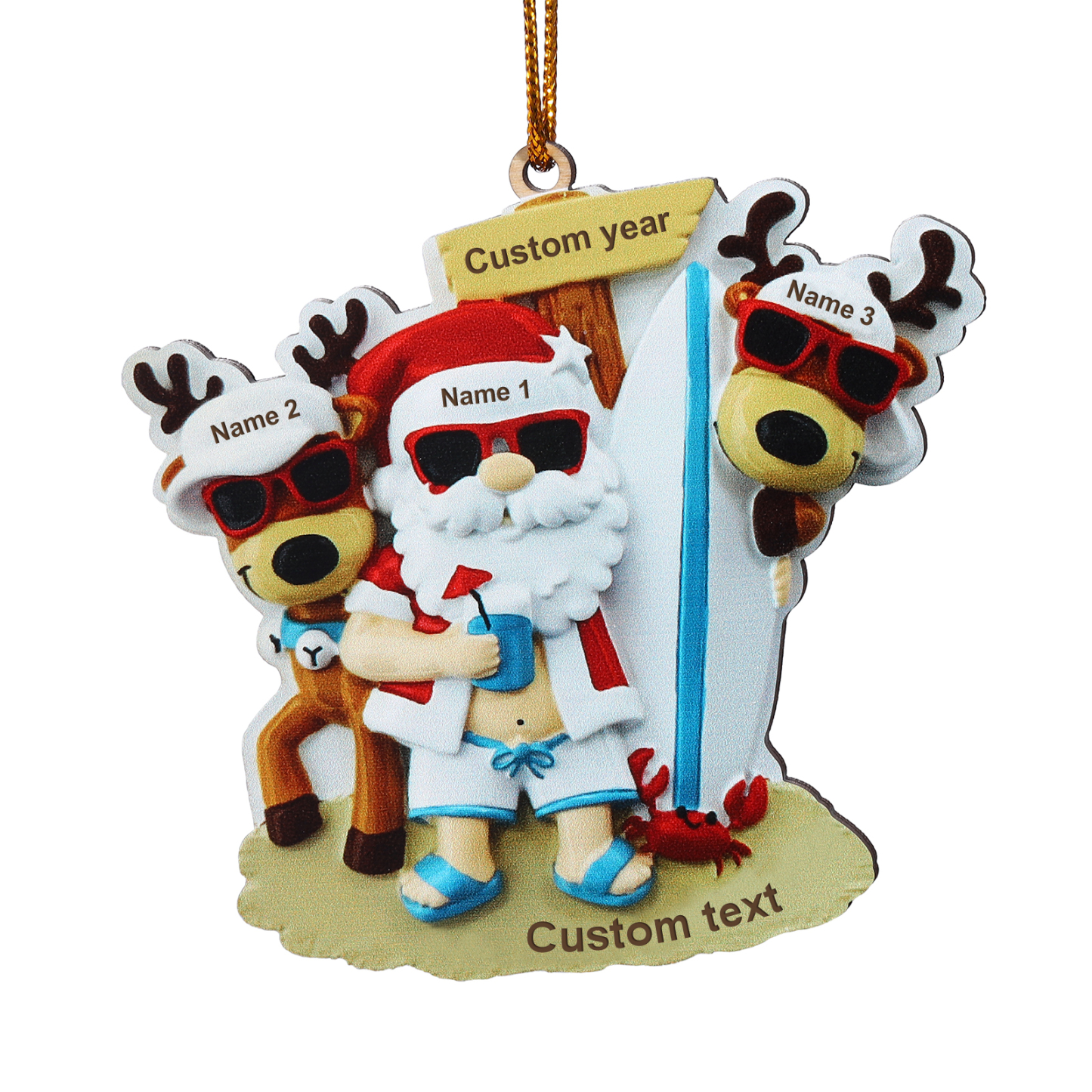 Custom Beach Christmas Ornament with Santa & 2 Reindeer – Personalized 3 Names Year & Text for Family Gifts