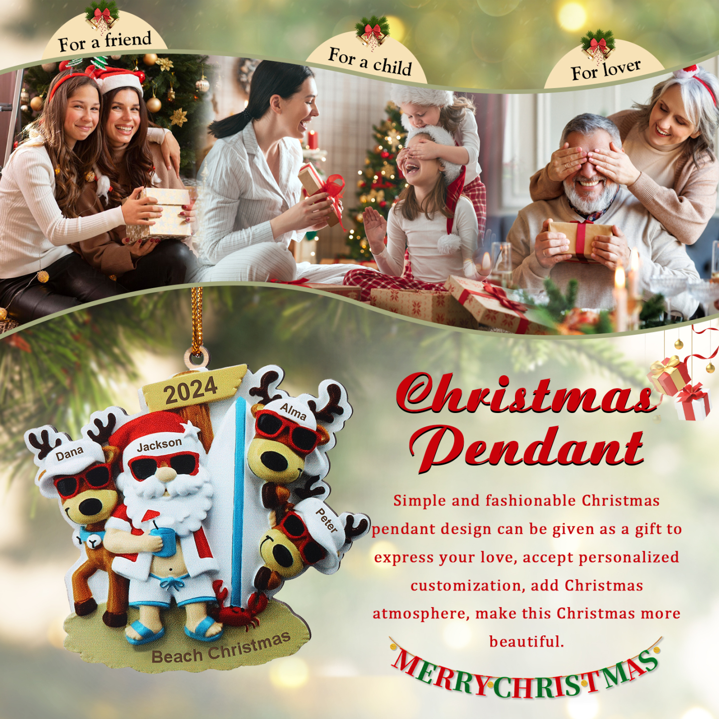 Custom Beach Christmas Ornament with Santa & 3 Reindeer – Personalized 4 Names Year & Text for Family Gifts