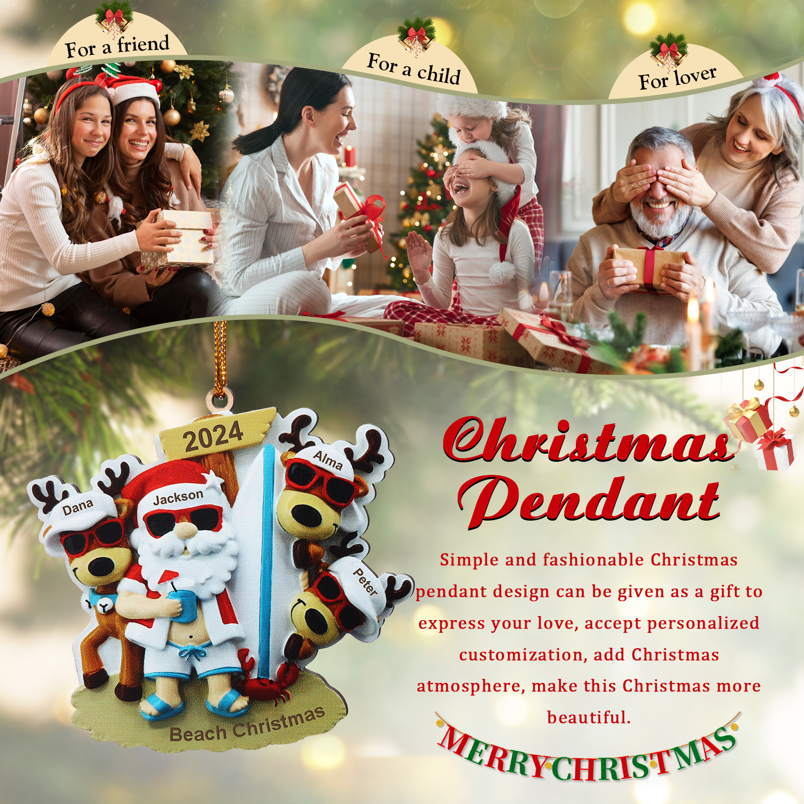 Custom Beach Christmas Ornament with Santa & 3 Reindeer – Personalized 4 Names Year & Text for Family Gifts