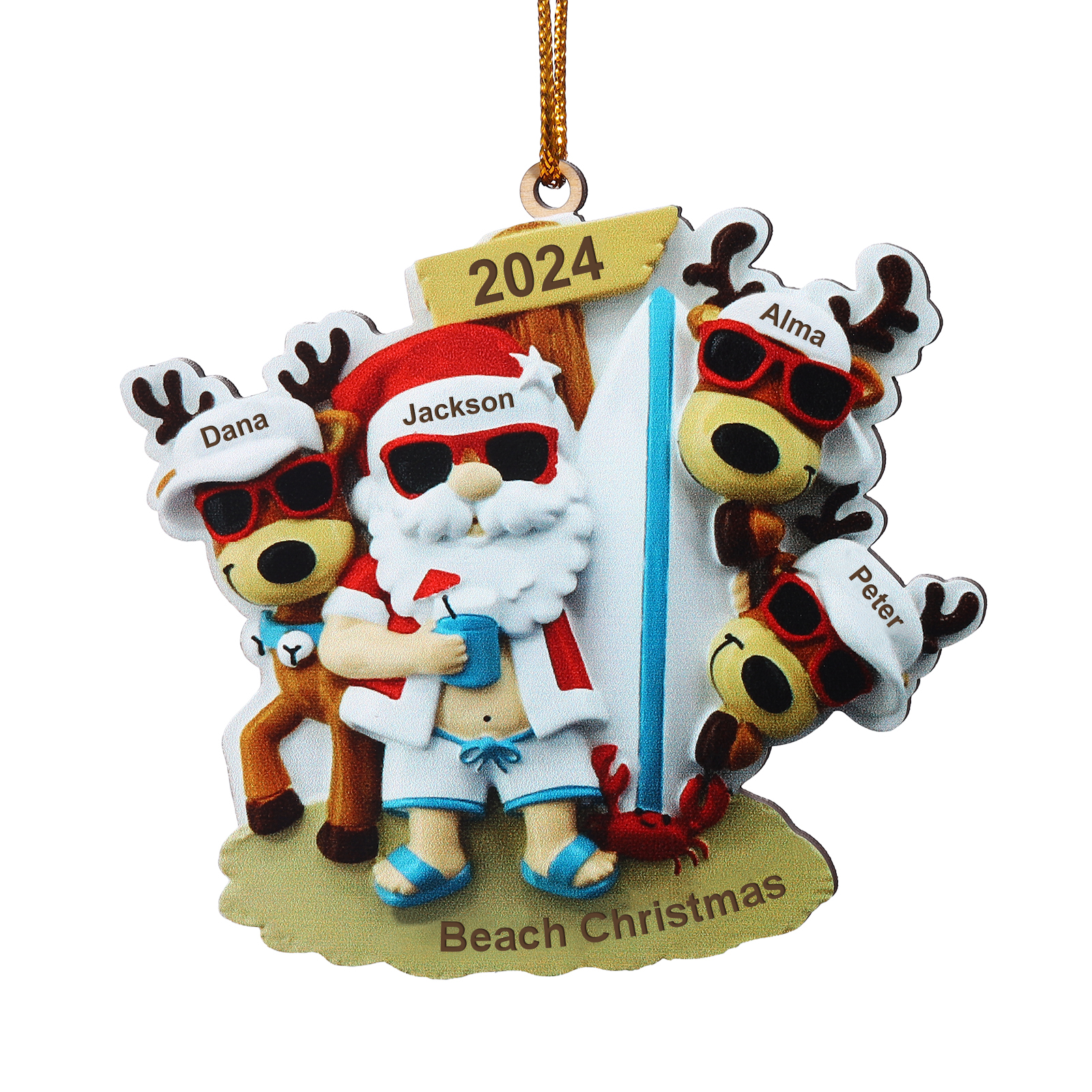 Custom Beach Christmas Ornament with Santa & 3 Reindeer – Personalized 4 Names Year & Text for Family Gifts