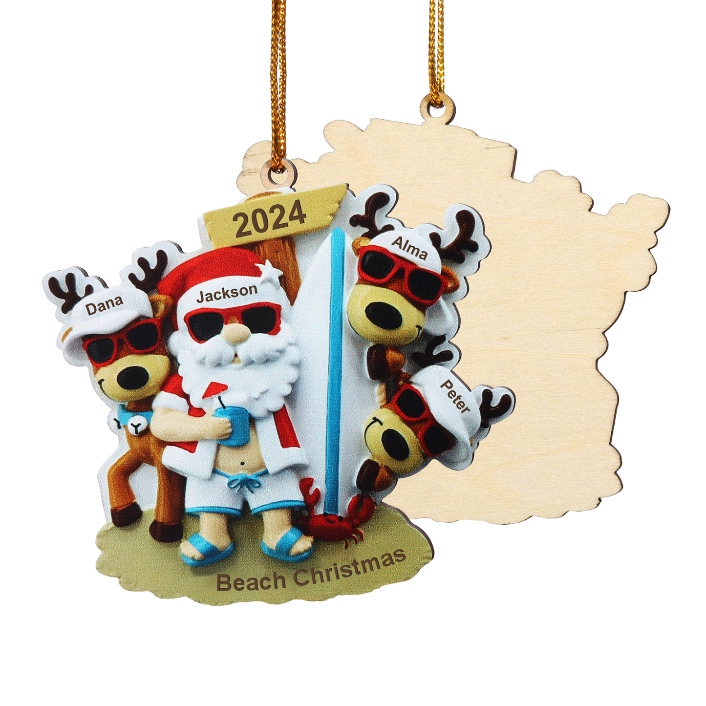 Custom Beach Christmas Ornament with Santa & 3 Reindeer – Personalized 4 Names Year & Text for Family Gifts